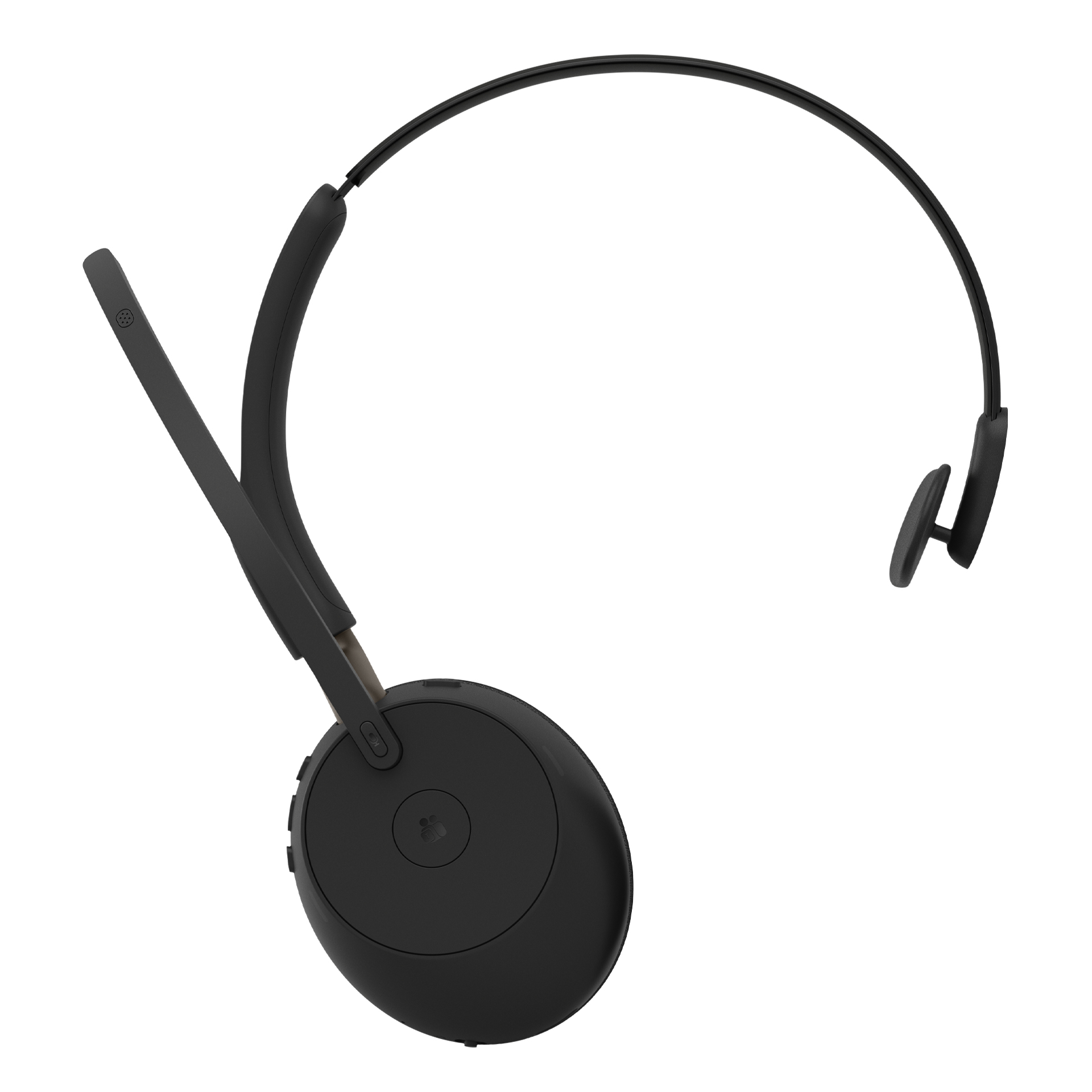 Ein schwarzes Einohr-Headset mit Überkopfbügel und ausgefahrenem Mikrofonarm vor weißem Hintergrund.