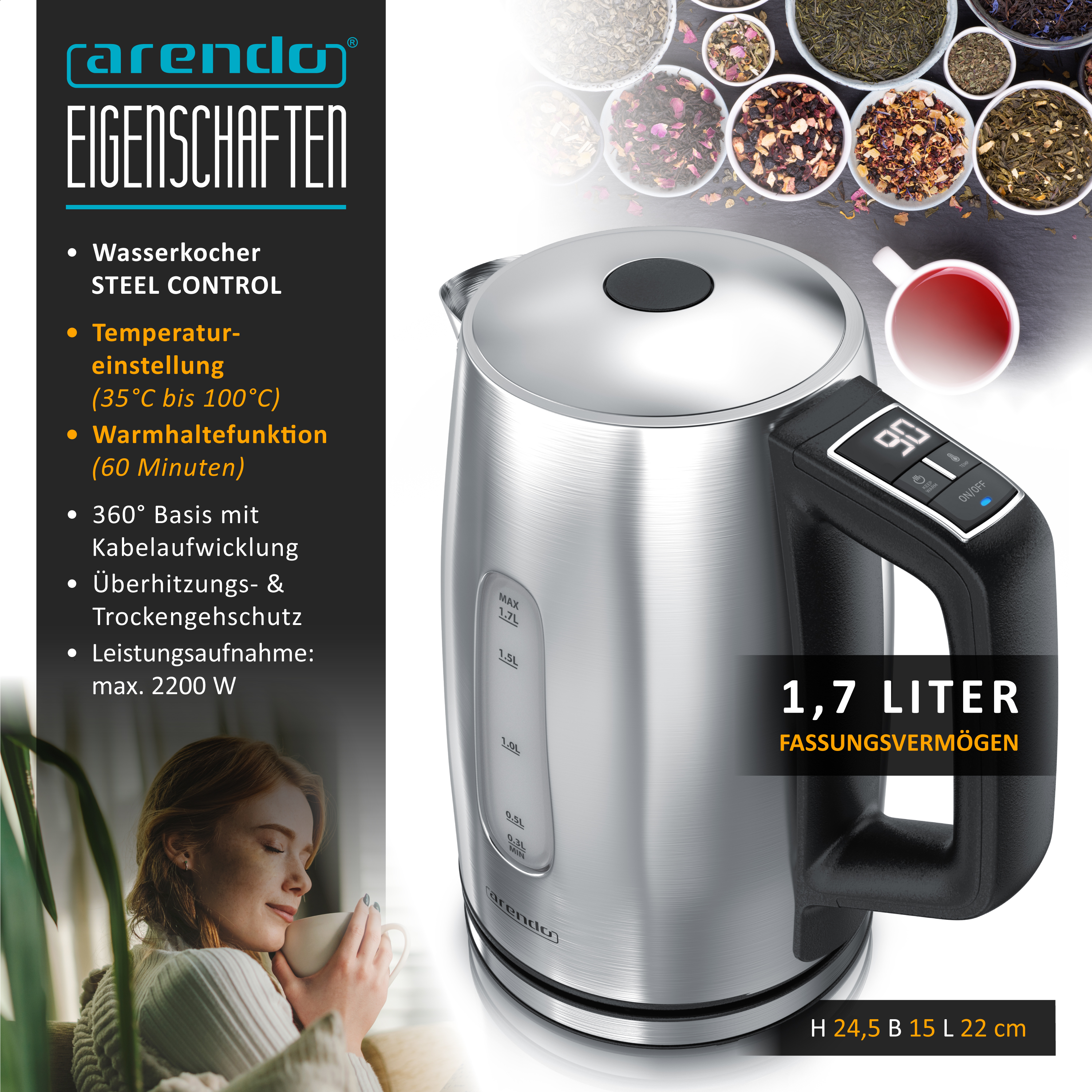 Arendo Edelstahl Wasserkocher mit 1,7 Liter, Temperaturwahl und Display auf schwarzem Hintergrund mit Text.