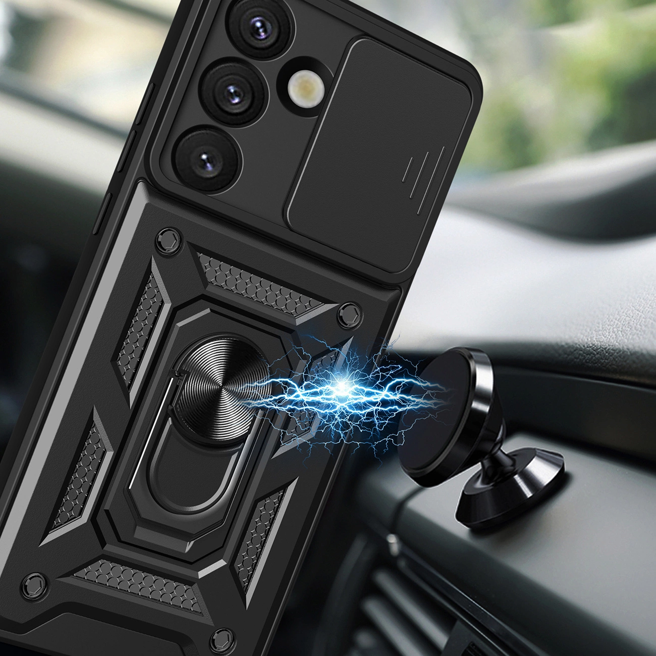 Uno smartphone nero in una custodia protettiva robusta si attacca magneticamente a un supporto per auto con scintille.