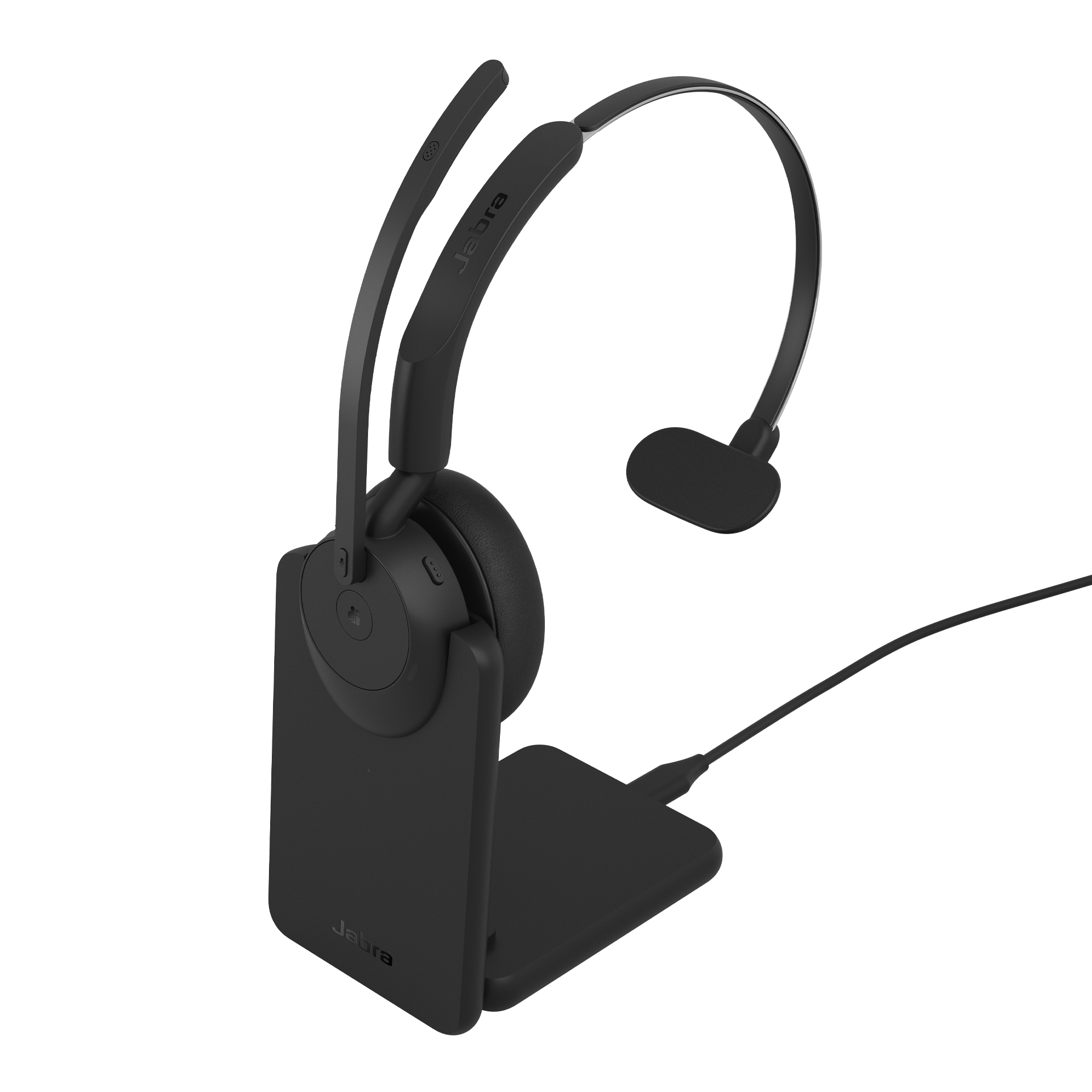 Schwarzes Jabra Headset auf einer Ladestation gegen einen weißen Hintergrund.