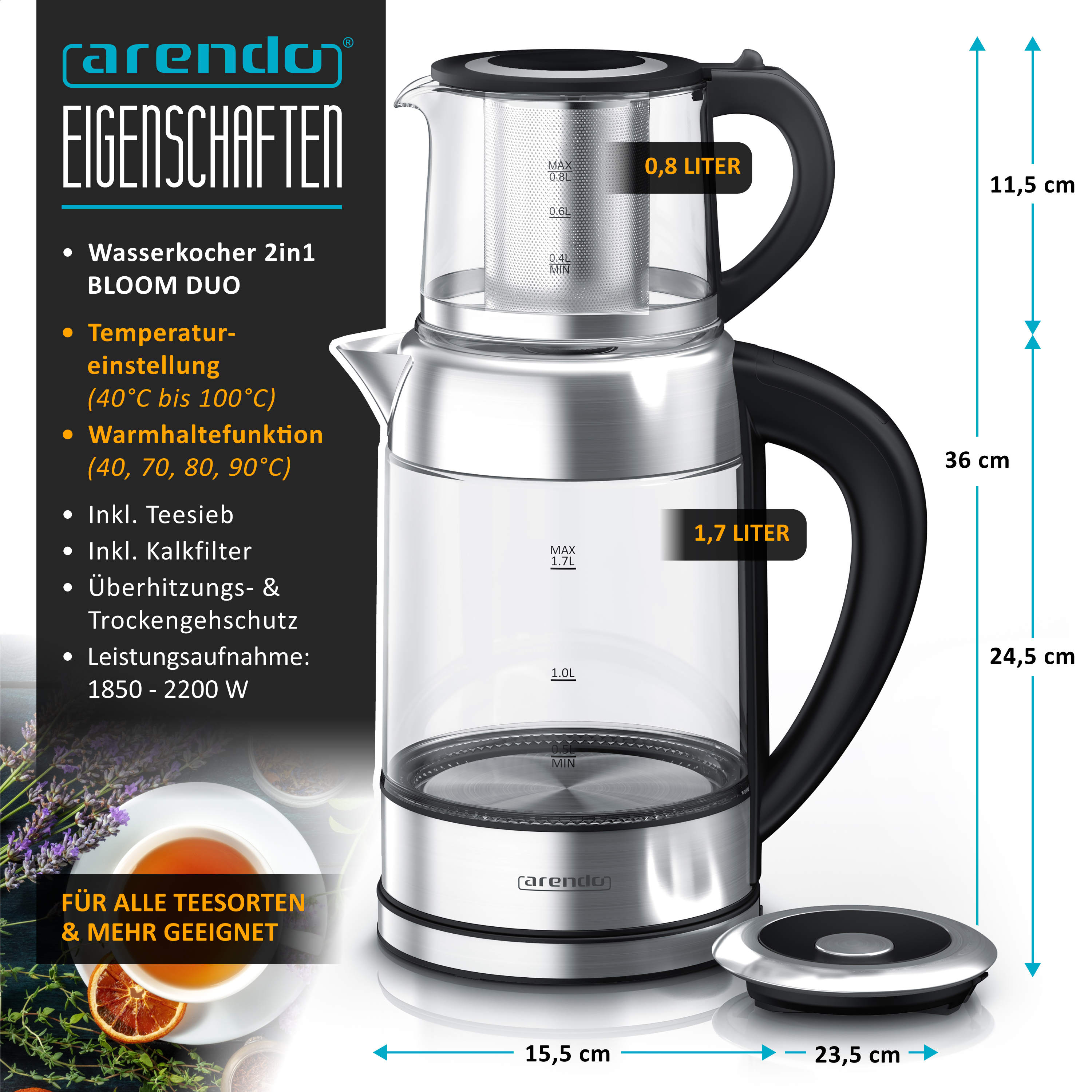 Arendo Bloom Duo Glas-Wasserkocher mit Teefüher, Maßen und Text auf dunklem Grund.