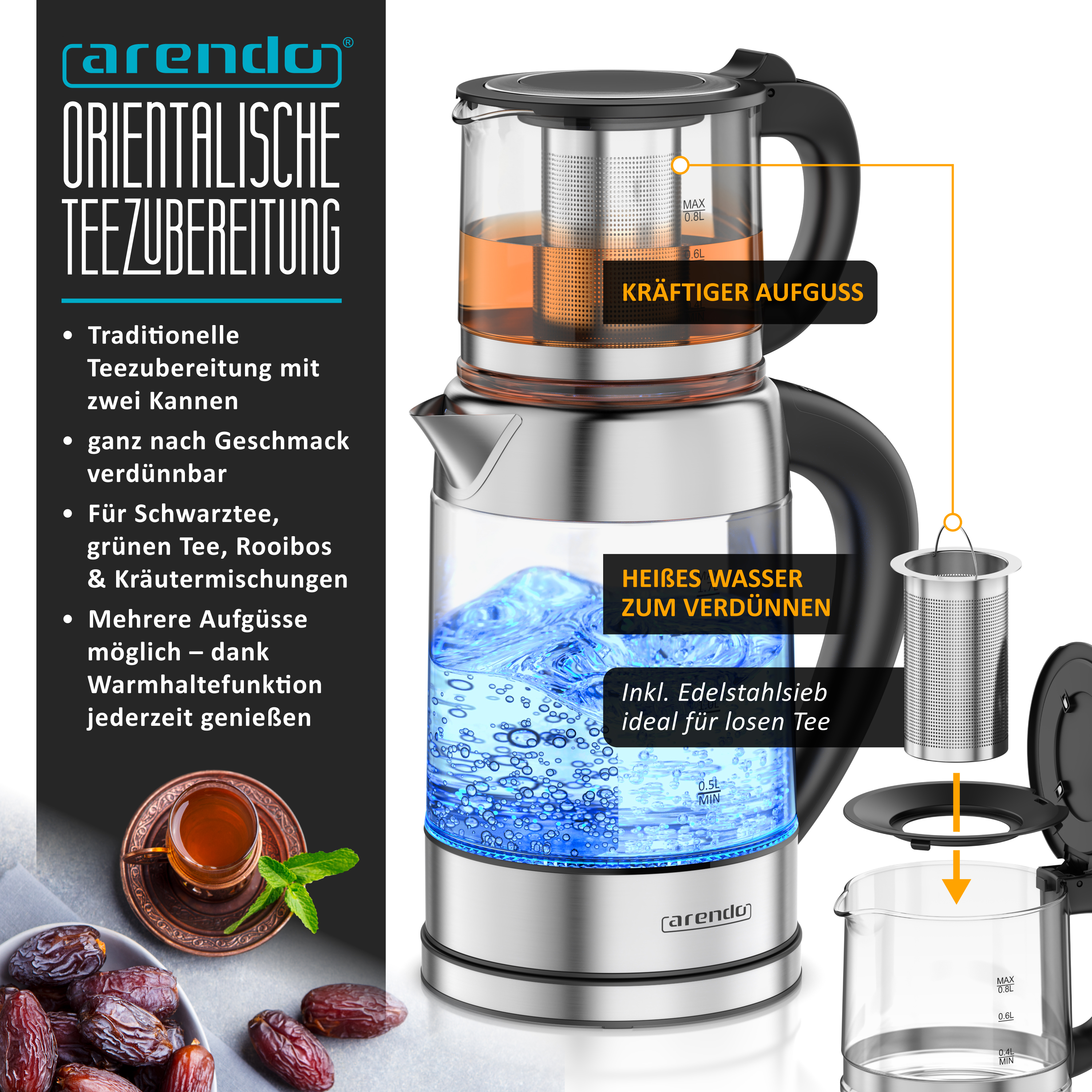 Glas-Teekocher von Arendo mit Edelstahl-Basis, Teefilter und integrierter Beleuchtung für die orientalische Zubereitung.