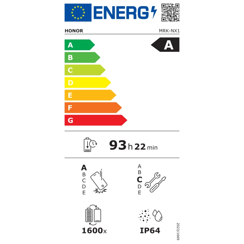 Etiqueta energética de la UE para Honor con clasificación A, 93h 22min de batería y protección IP64.