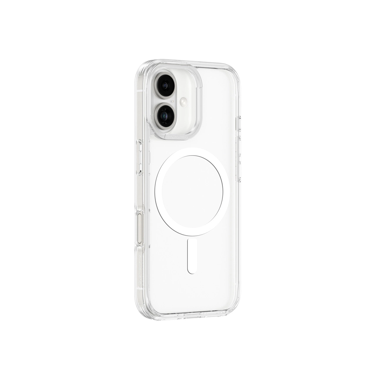 Eine transparente Smartphone-Hülle mit MagSafe-Ring und Ausschnitten für eine Dual-Kamera auf weißem Hintergrund.