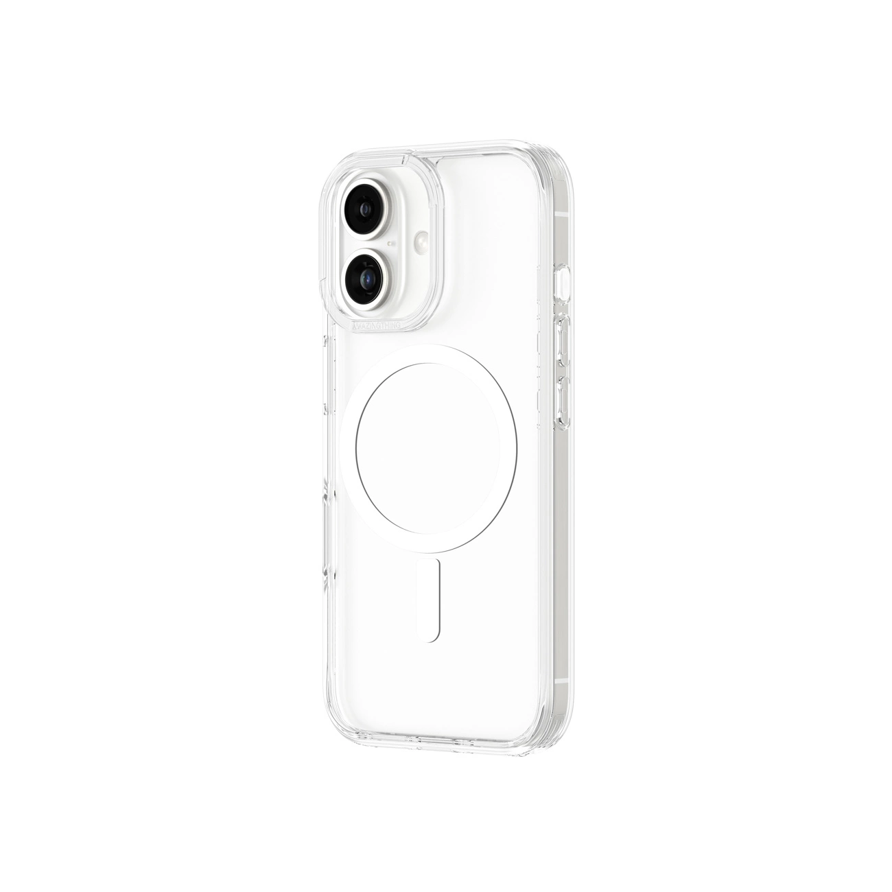 Eine durchsichtige Smartphone-Hülle mit MagSafe-Ring auf der Rückseite und Kamera-Aussparungen.