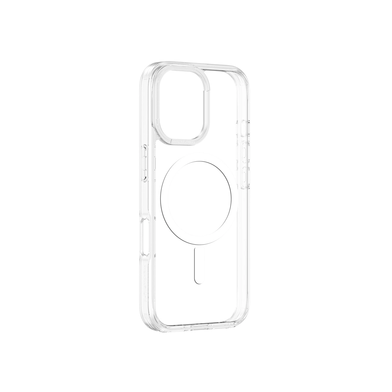 Eine transparente Handyhülle mit MagSafe-Ring und Kameraausschnitt auf weißem Hintergrund.