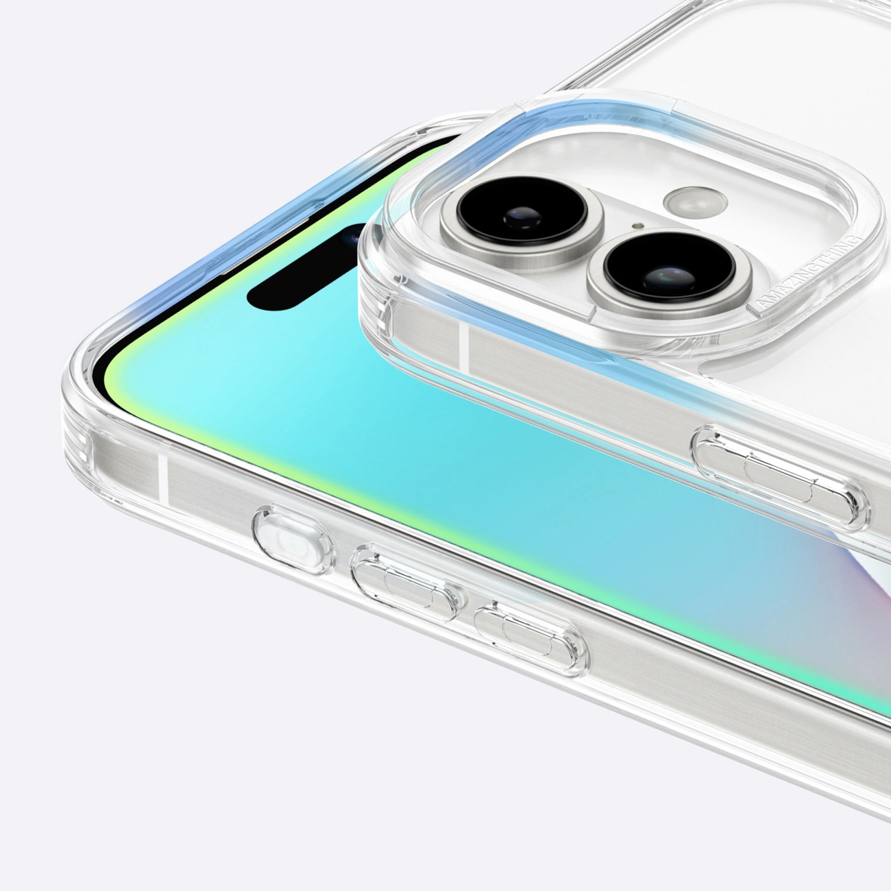 Nahaufnahme eines Smartphones in einer klaren Schutzhülle, das das Dual-Kameramodul und die Seitentasten zeigt.