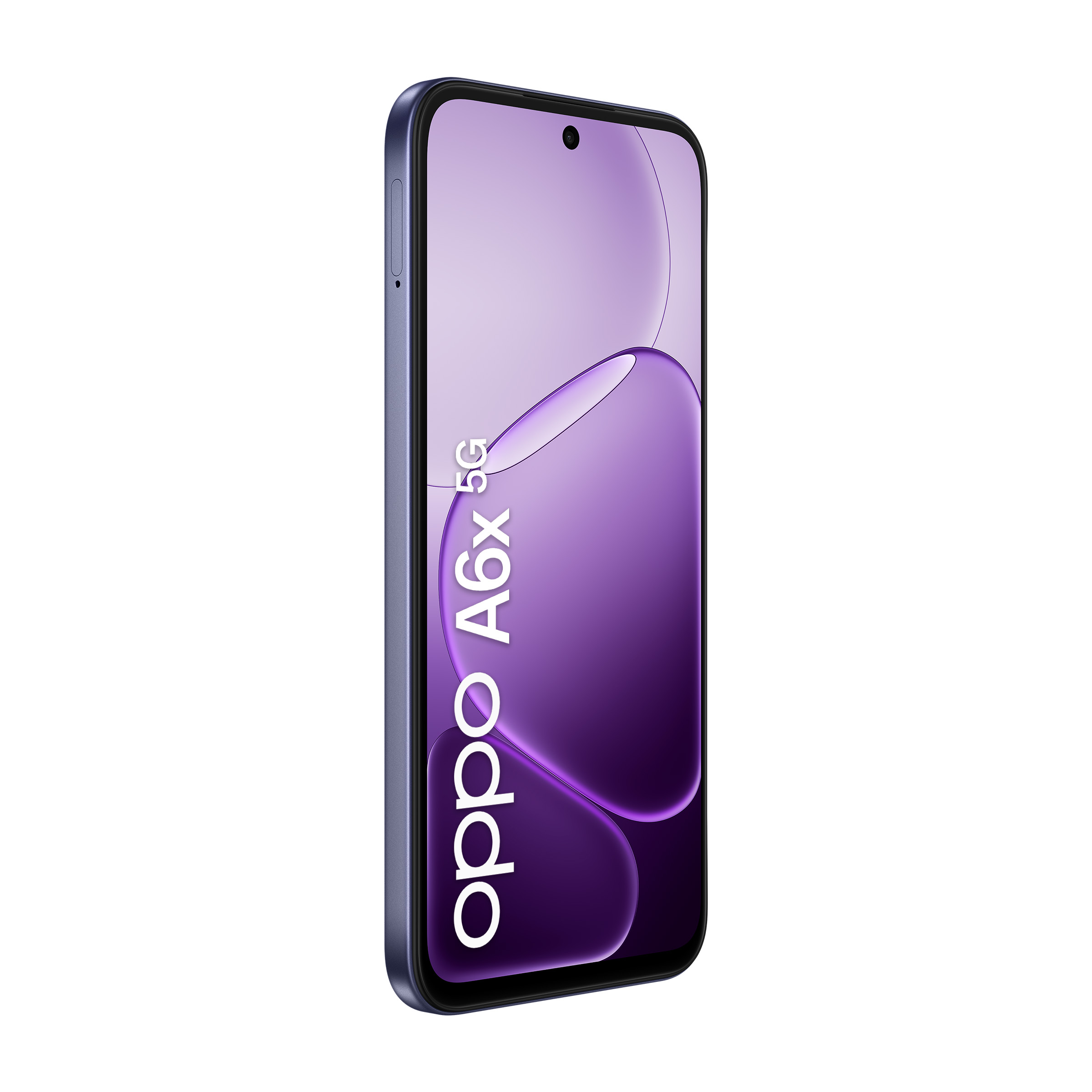 Uno smartphone blu Oppo A6x 5G mostra uno schermo viola su sfondo bianco.