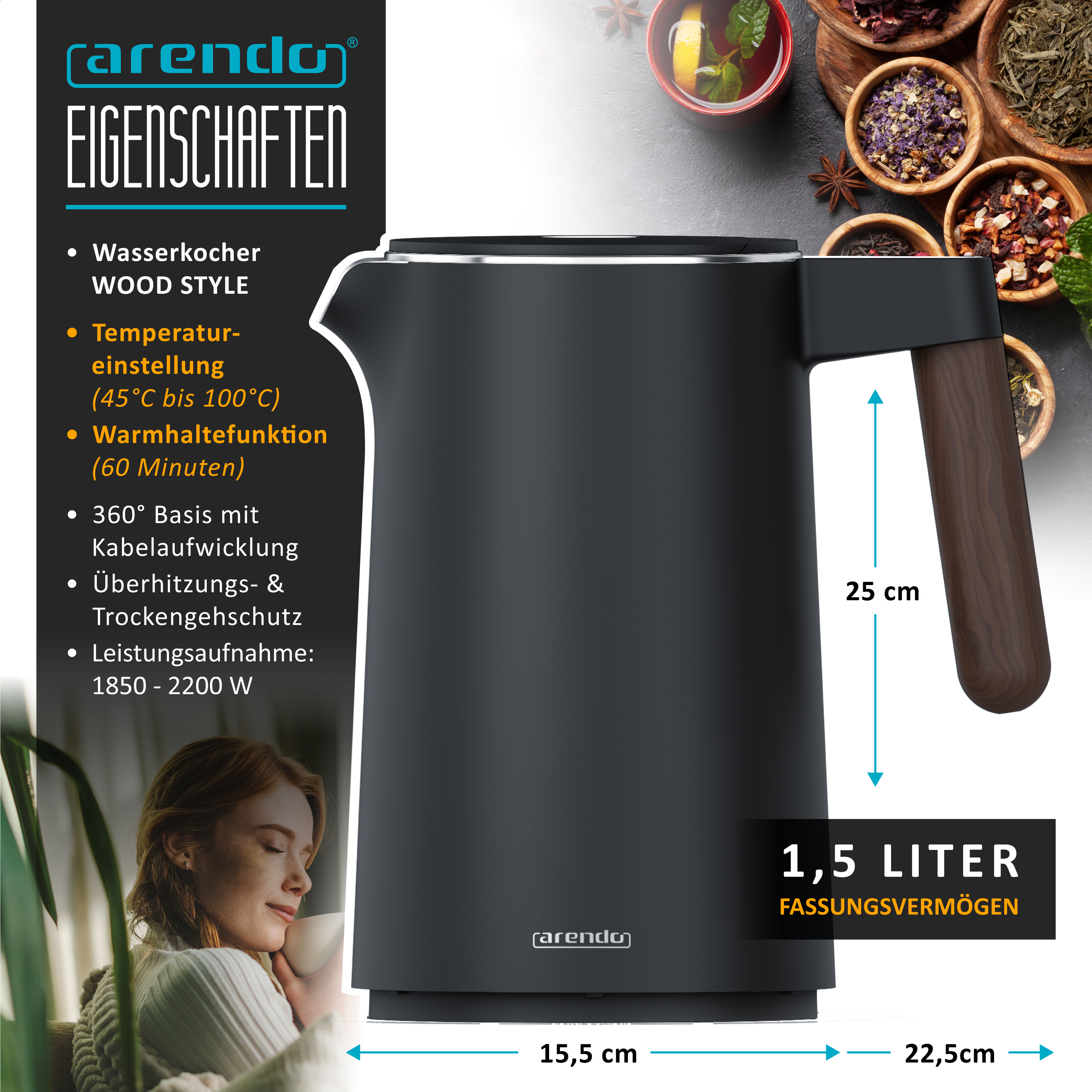 Ein schwarzer Arendo Wasserkocher mit Holzgriff, Produktspezifikationen, Maßen, Teeblättern und einer Person.