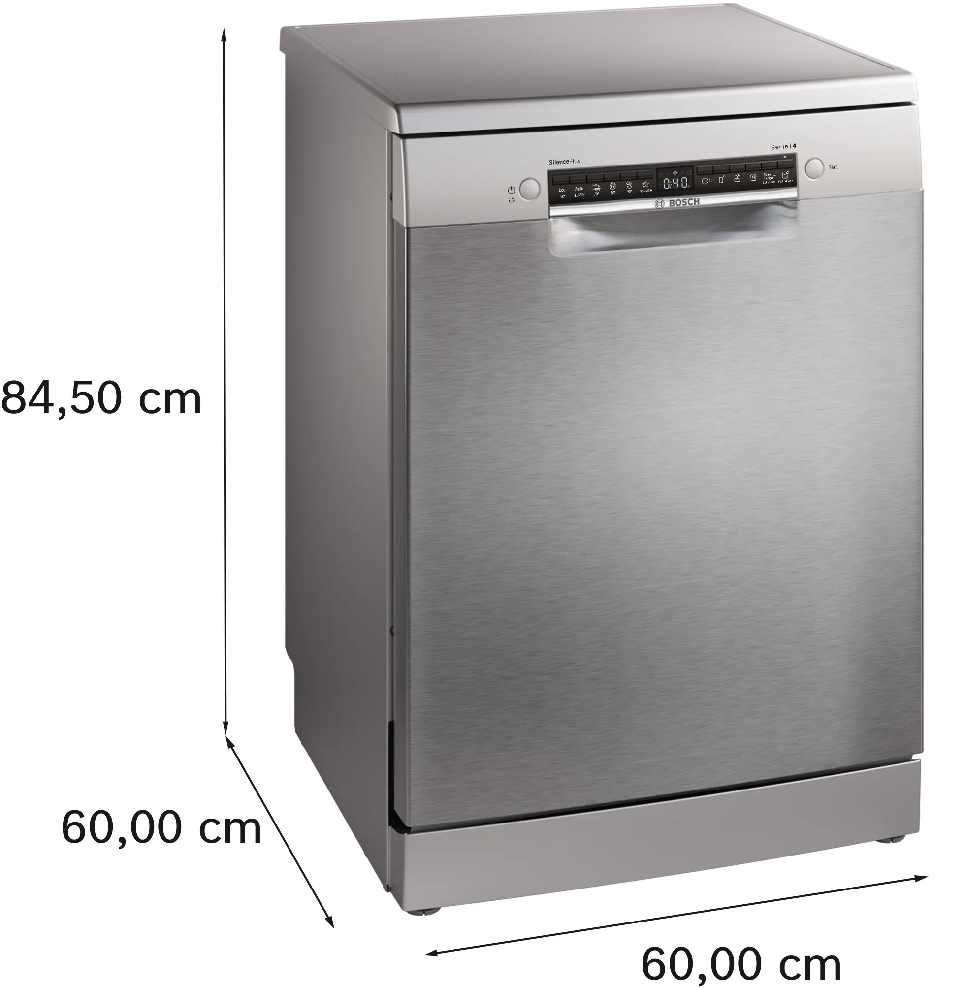 Lavastoviglie Bosch argentata con dimensioni 84,5x60x60 cm.