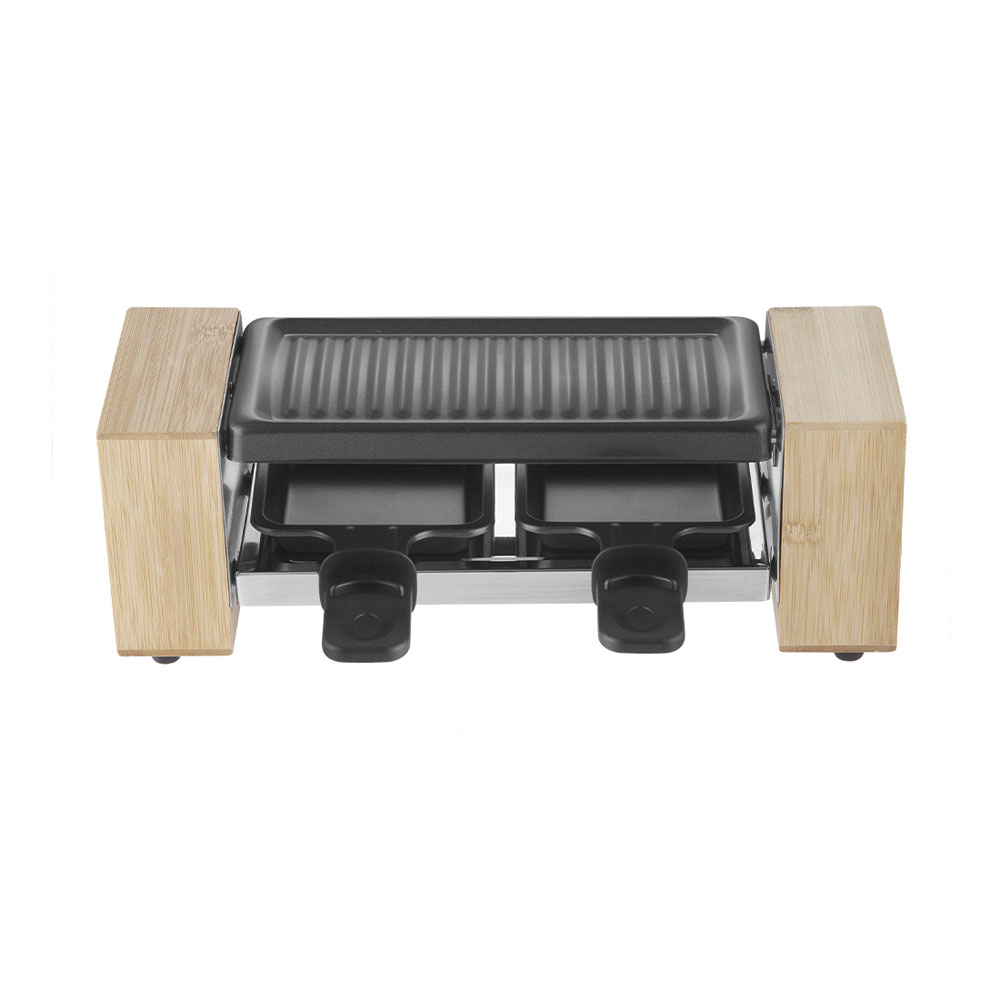 Elektrischer Raclette-Grill mit Bambus-Seitenteilen, oberer Grillplatte und zwei kleinen Pfännchen darunter.