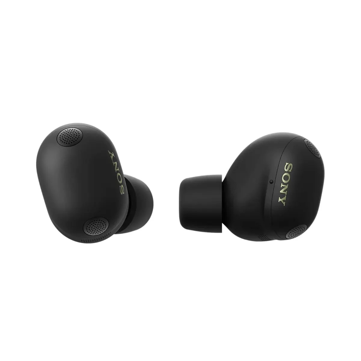 Twee zwarte Sony in-ear koptelefoons met gouden logo op witte achtergrond.