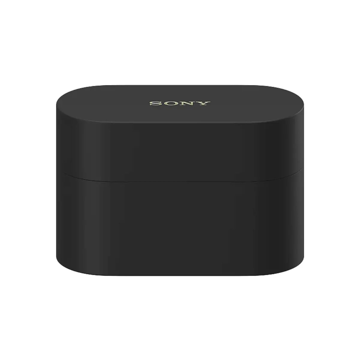 Een gesloten zwarte Sony oordopjes oplaadcase met afgeronde hoeken op een witte achtergrond.
