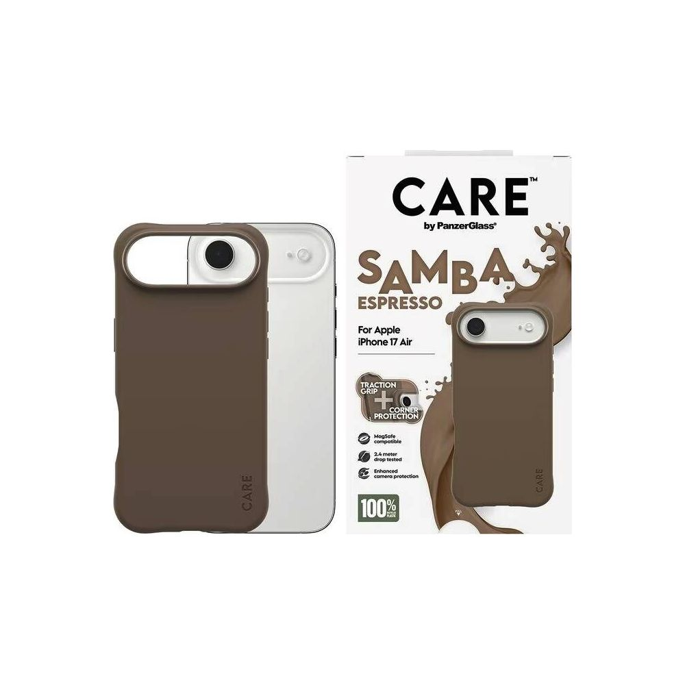 Custodia marrone CARE by PanzerGlass Samba Espresso per Apple iPhone 17 Air con scatola.