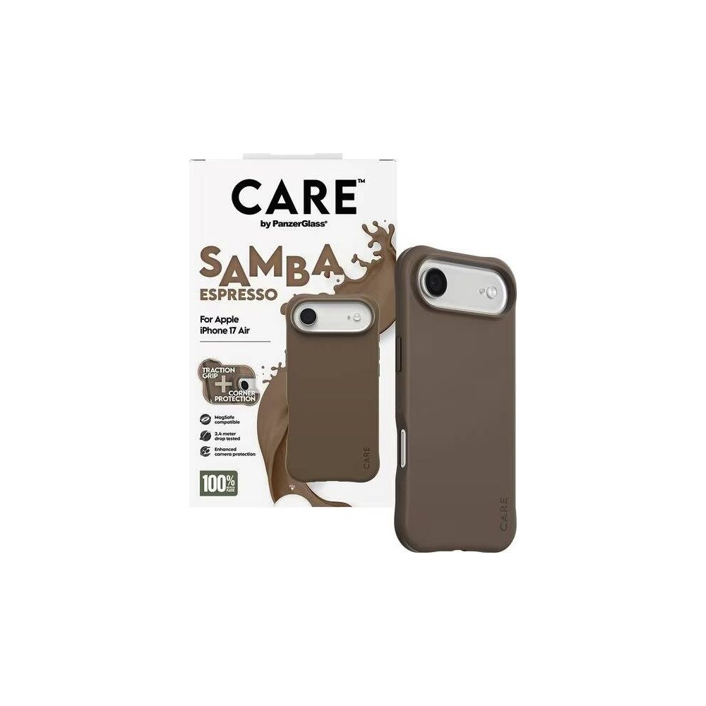 Custodia protettiva marrone CARE Samba Espresso per Apple iPhone 17 Air con confezione.