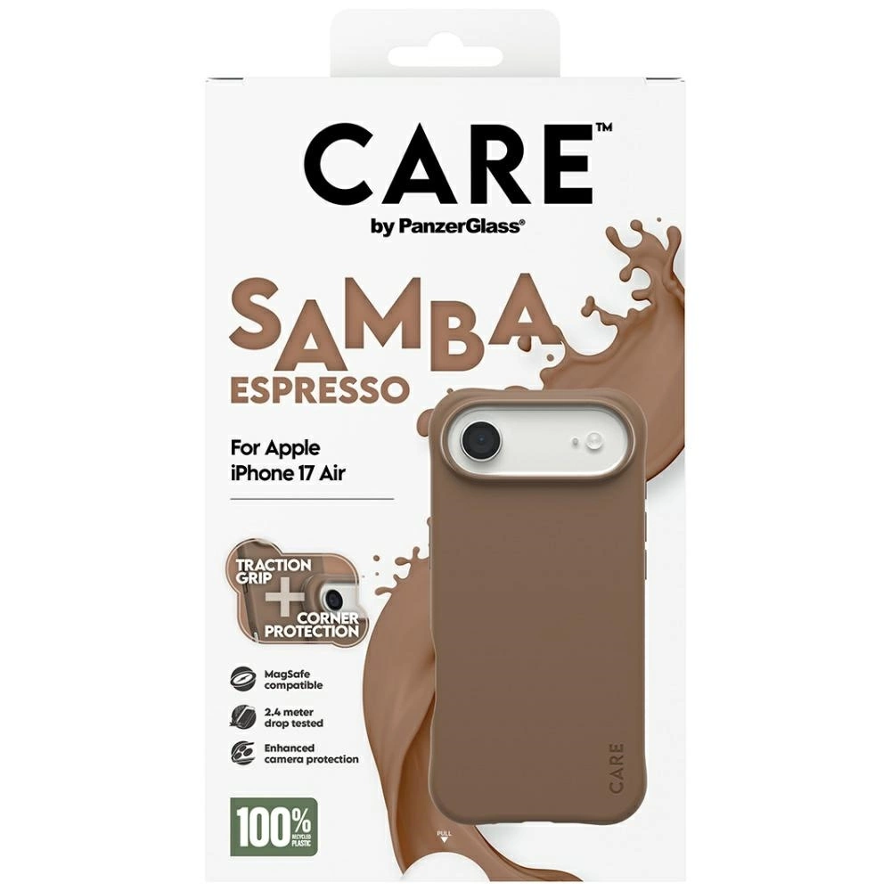 Confezione per cover Care by PanzerGlass Samba Espresso, con custodia marrone su sfondo bianco.