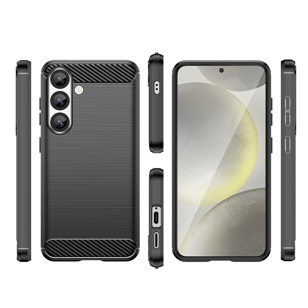 Smartphone nero in custodia protettiva mostrato da davanti, retro e quattro lati su sfondo bianco.
