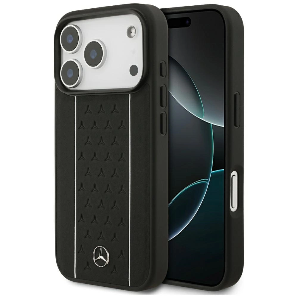 Cover per smartphone nera con logo Mercedes, motivo e cornice bianca.