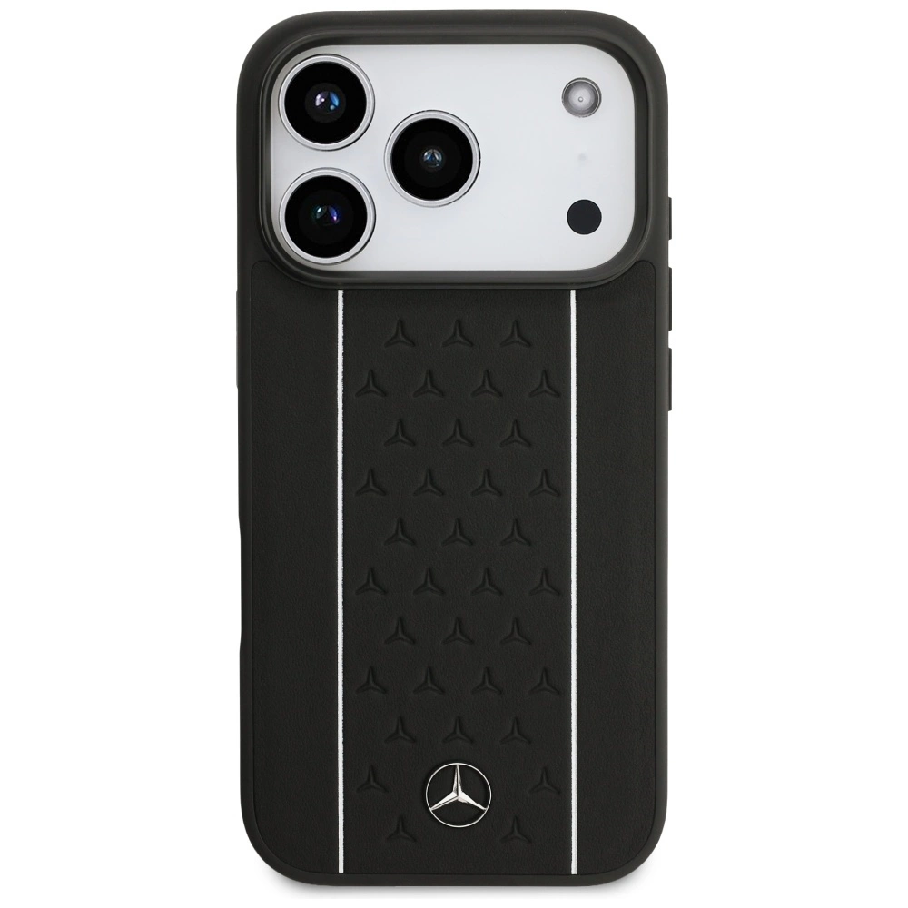 Custodia nera per smartphone con fotocamera bianca, retro con piccoli loghi Mercedes e logo in metallo in basso.
