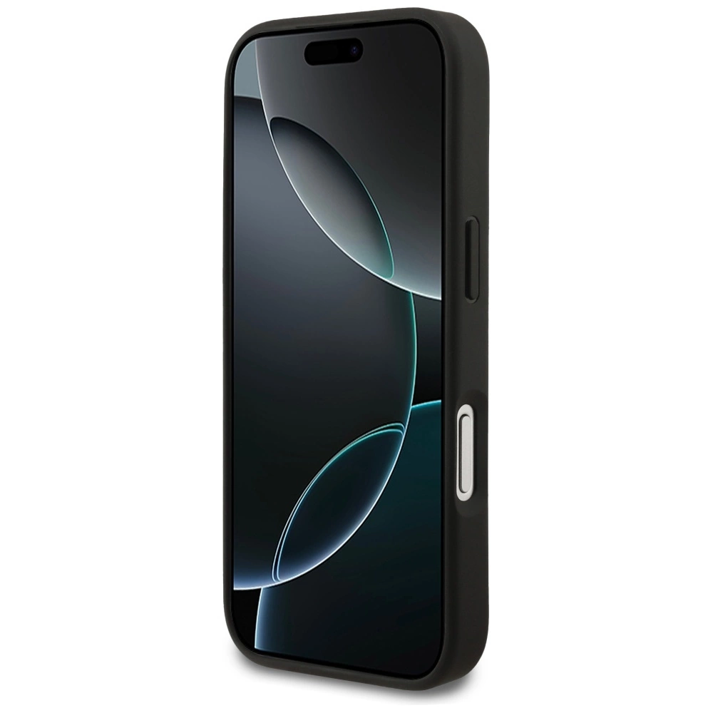 Smartphone nero in custodia protettiva con sfondo astratto scuro sullo schermo, vista laterale.