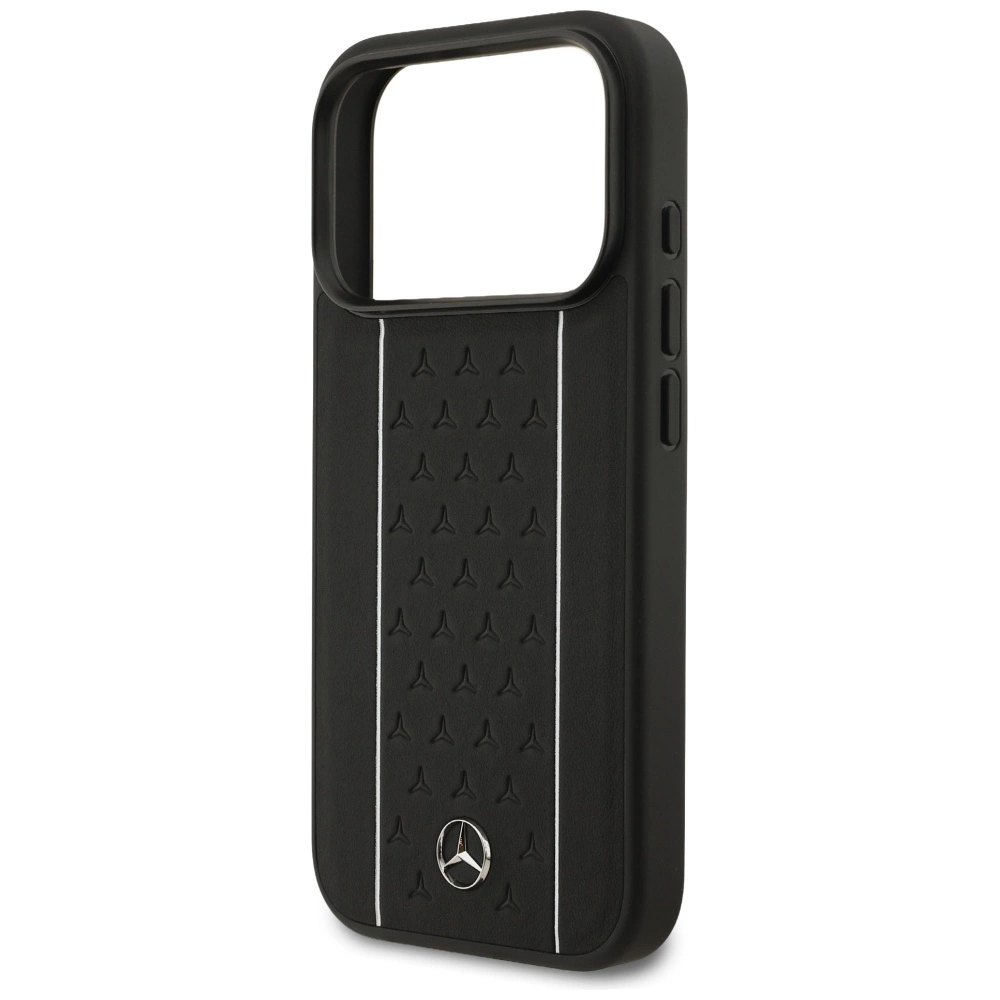 Cover per cellulare nera con logo Mercedes, strisce verticali e piccole stelle in rilievo.