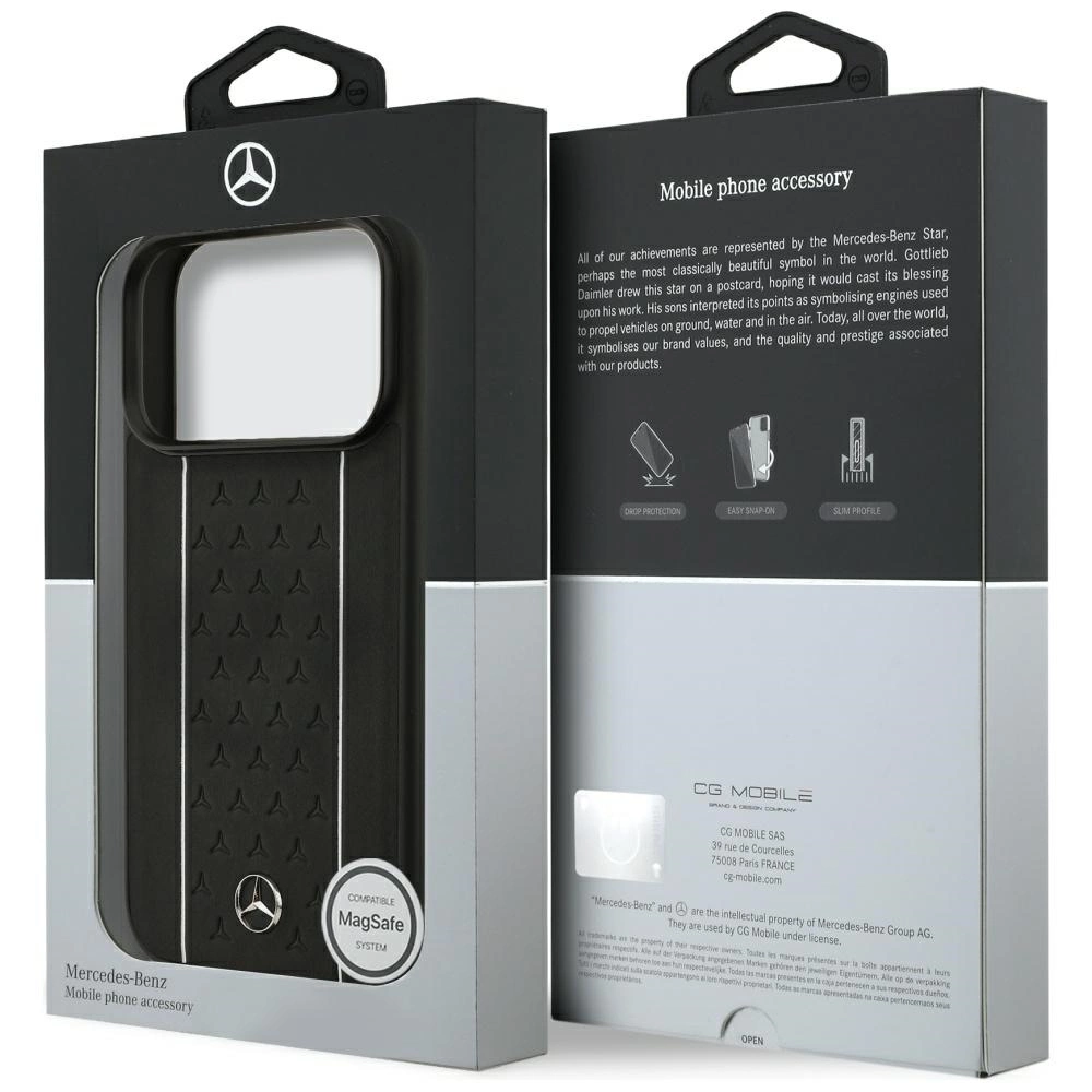 Custodia per telefono Mercedes-Benz in confezione con descrizioni e loghi.