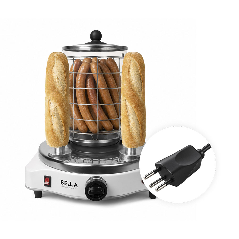 Machine à hot-dog électrique avec saucisses dans un cylindre en verre et deux pains, avec prise.