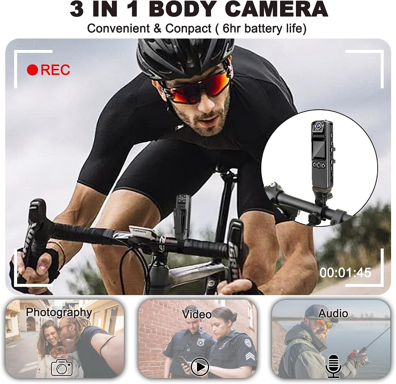 Ein Radfahrer mit Körperkamera und drei kleineren Bildern für Fotografie, Video und Audio.