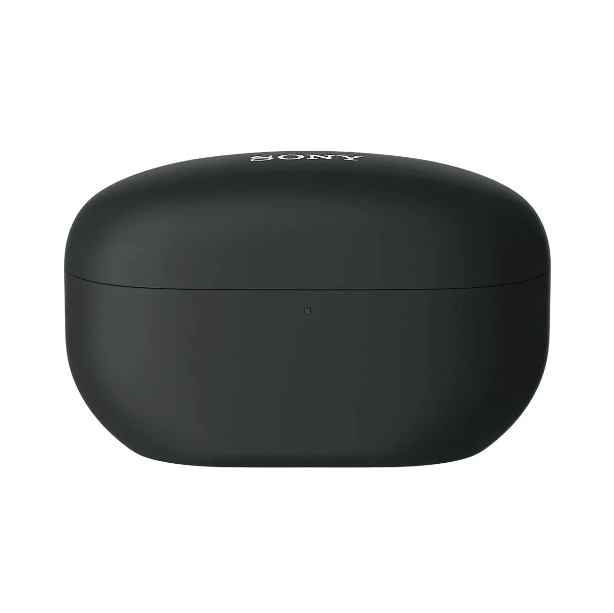 Een gesloten zwarte oplaadcase voor Sony-oordopjes tegen een witte achtergrond.