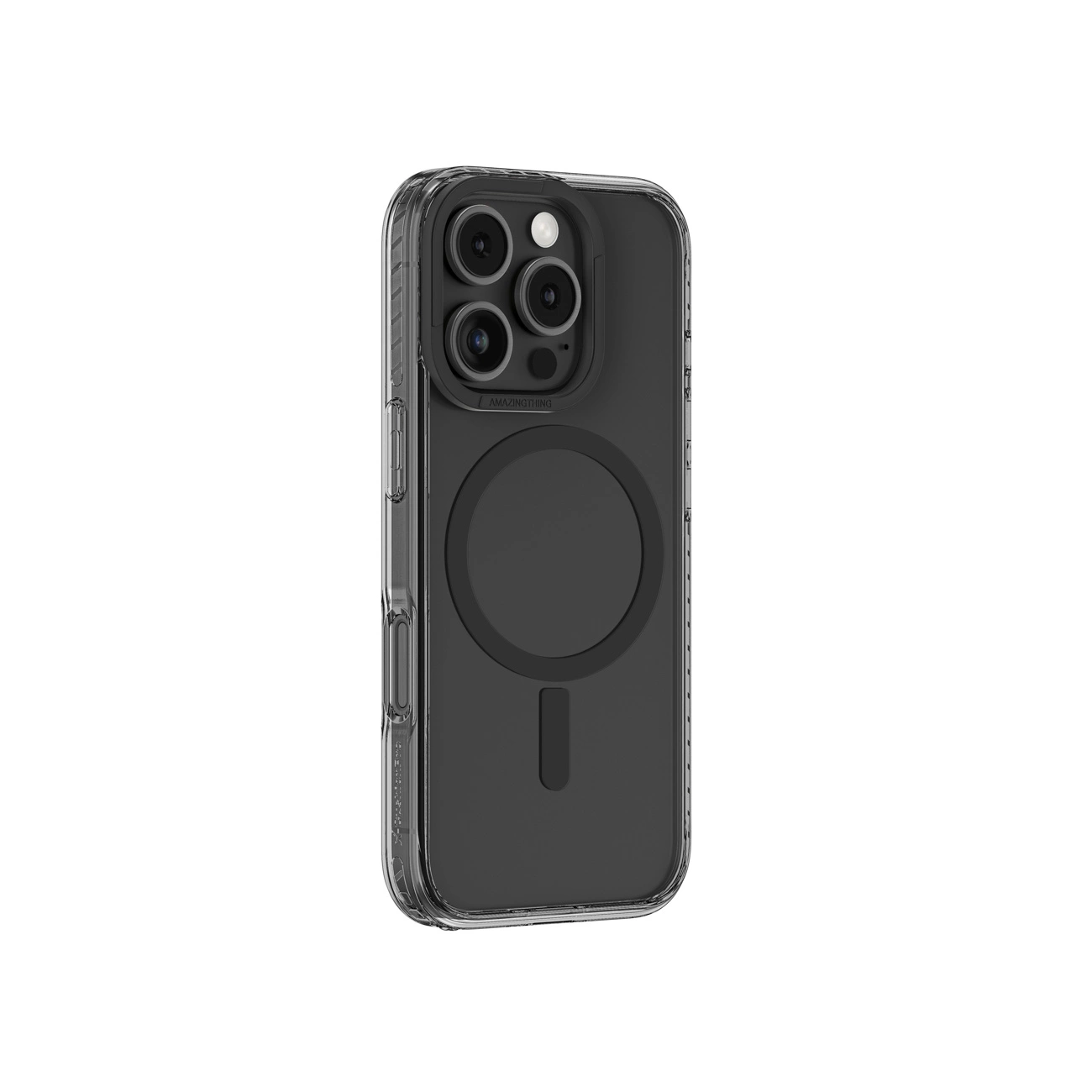 Transparente Smartphone-Hülle mit MagSafe-Ring und Kameraausschnitt vor weißem Hintergrund.
