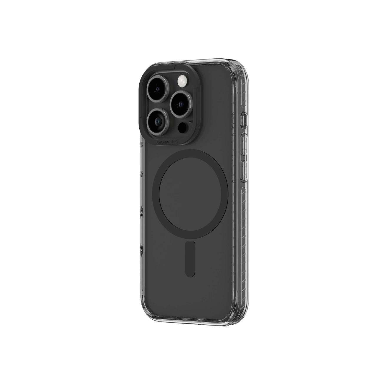 Ein Smartphone in einer transparenten Hülle mit schwarzem Kameraring und MagSafe-Kreis auf der Rückseite.