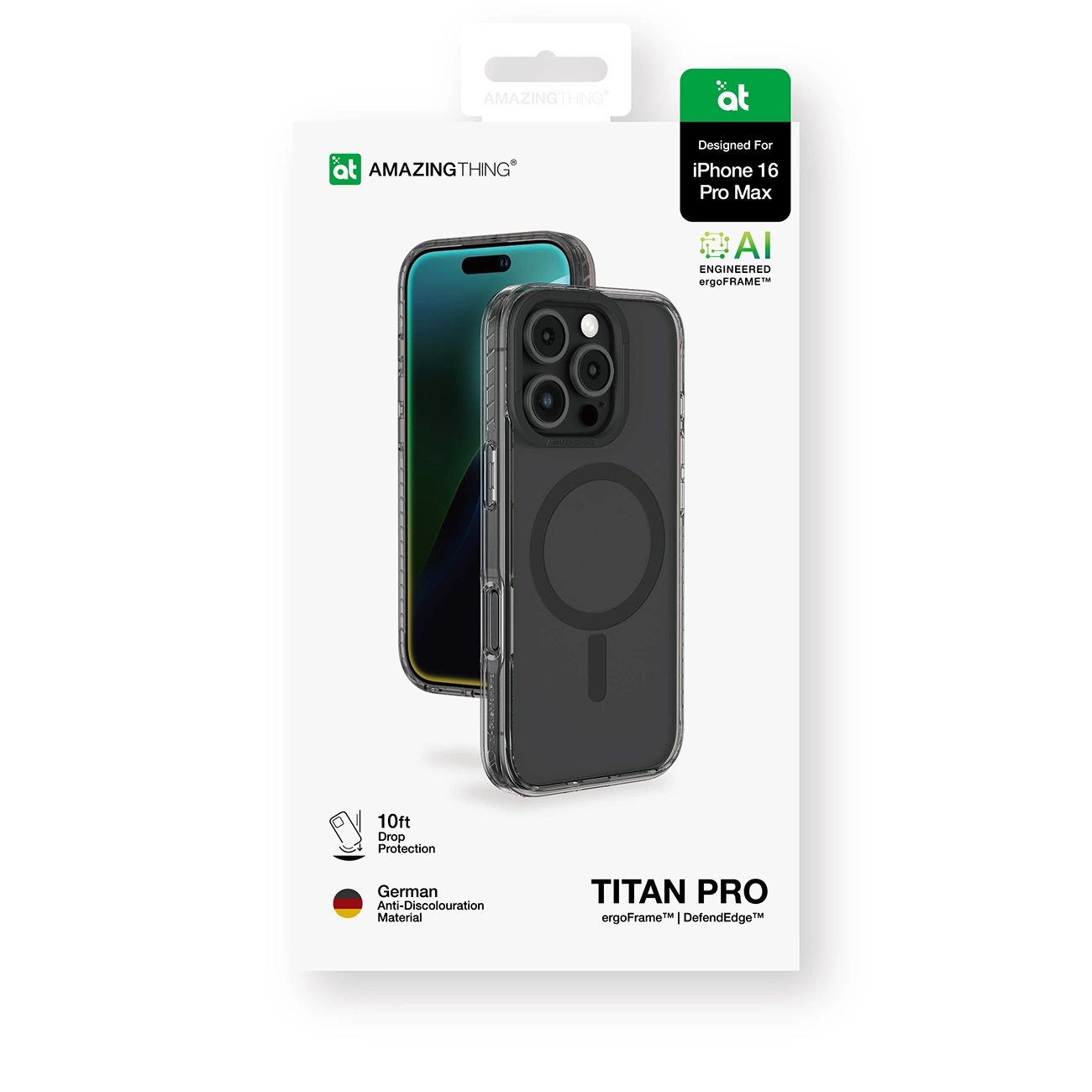 Verpackung für Titan Pro iPhone 16 Pro Max Schutzhülle mit Anti-Vergilbung-Material.