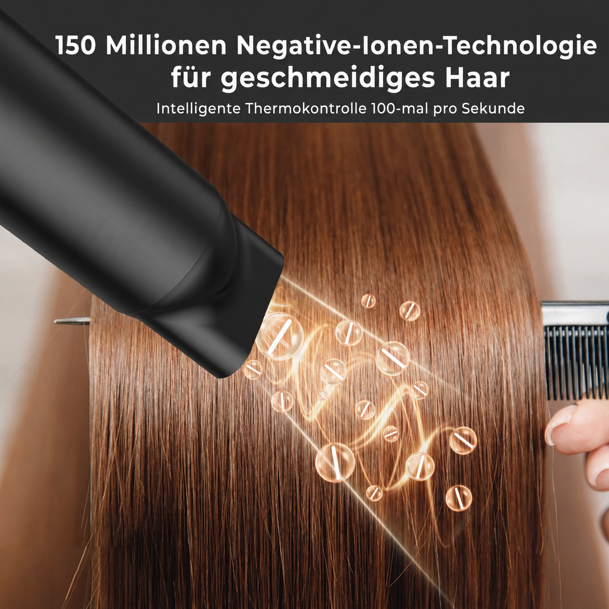 Ein schwarzer Föhn bläst Luft auf braunes Haar, mit leuchtenden Ikonenblasen für Negative-Ionen-Technologie.