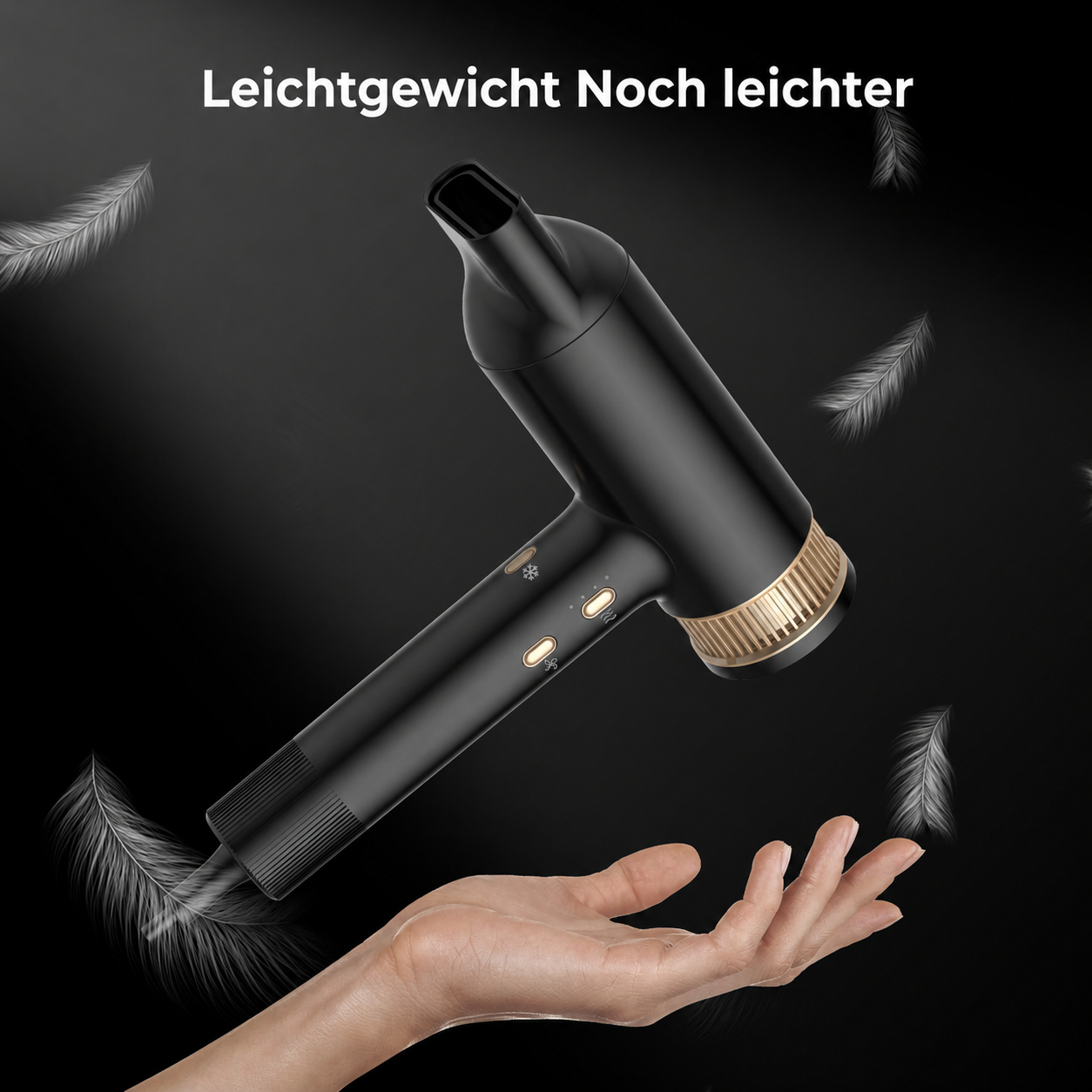 Ein schwarzer Haartrockner schwebt über einer offenen Hand, umgeben von schwebenden Federn.