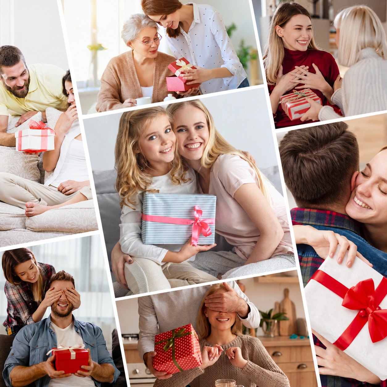 Eine Collage von Menschen, die glücklich Geschenke austauschen und einander umarmen.