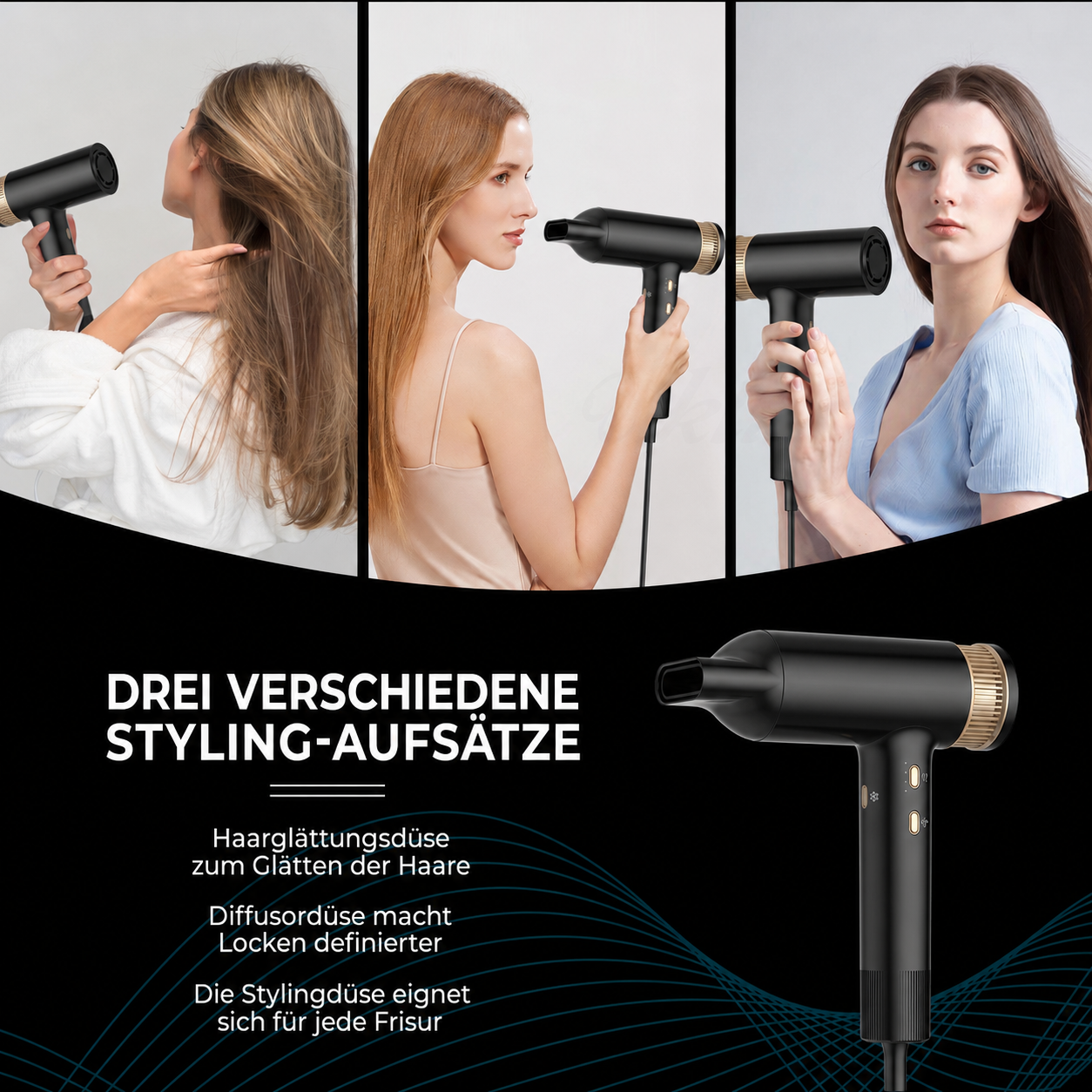 Drei Frauen nutzen einen schwarzen Haartrockner, der im unteren Bereich detailliert mit Text präsentiert wird.