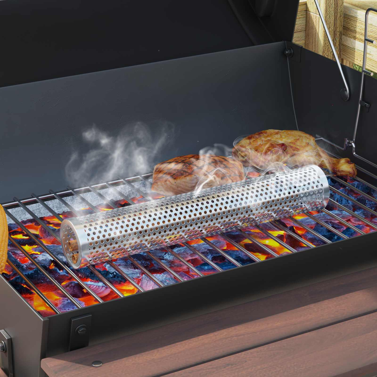 Ein rauchender Räucherrohrgrill mit Fleisch und Kohlen.