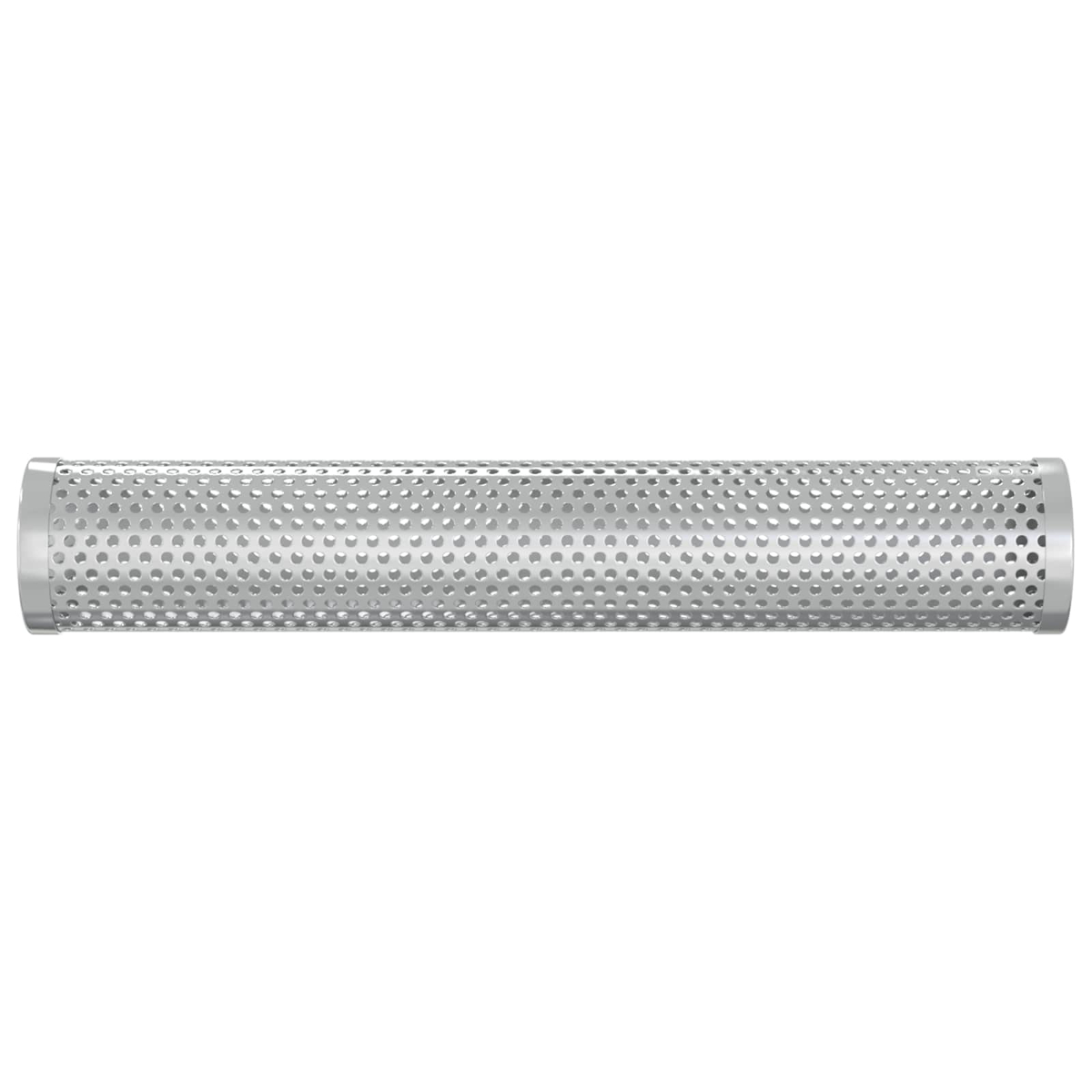 Ein langes, zylindrisches Metallrohr mit vielen kleinen Perforationen und glatten Kanten auf weißem Hintergrund.