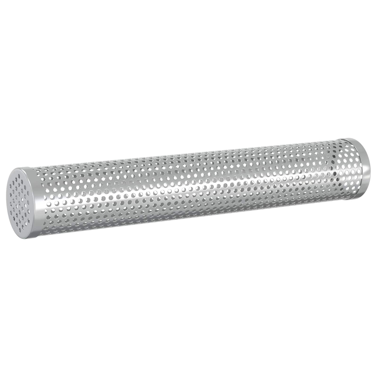 Ein silberner, perforierter Metallzylinder mit kleinen runden Löchern auf der gesamten Oberfläche.