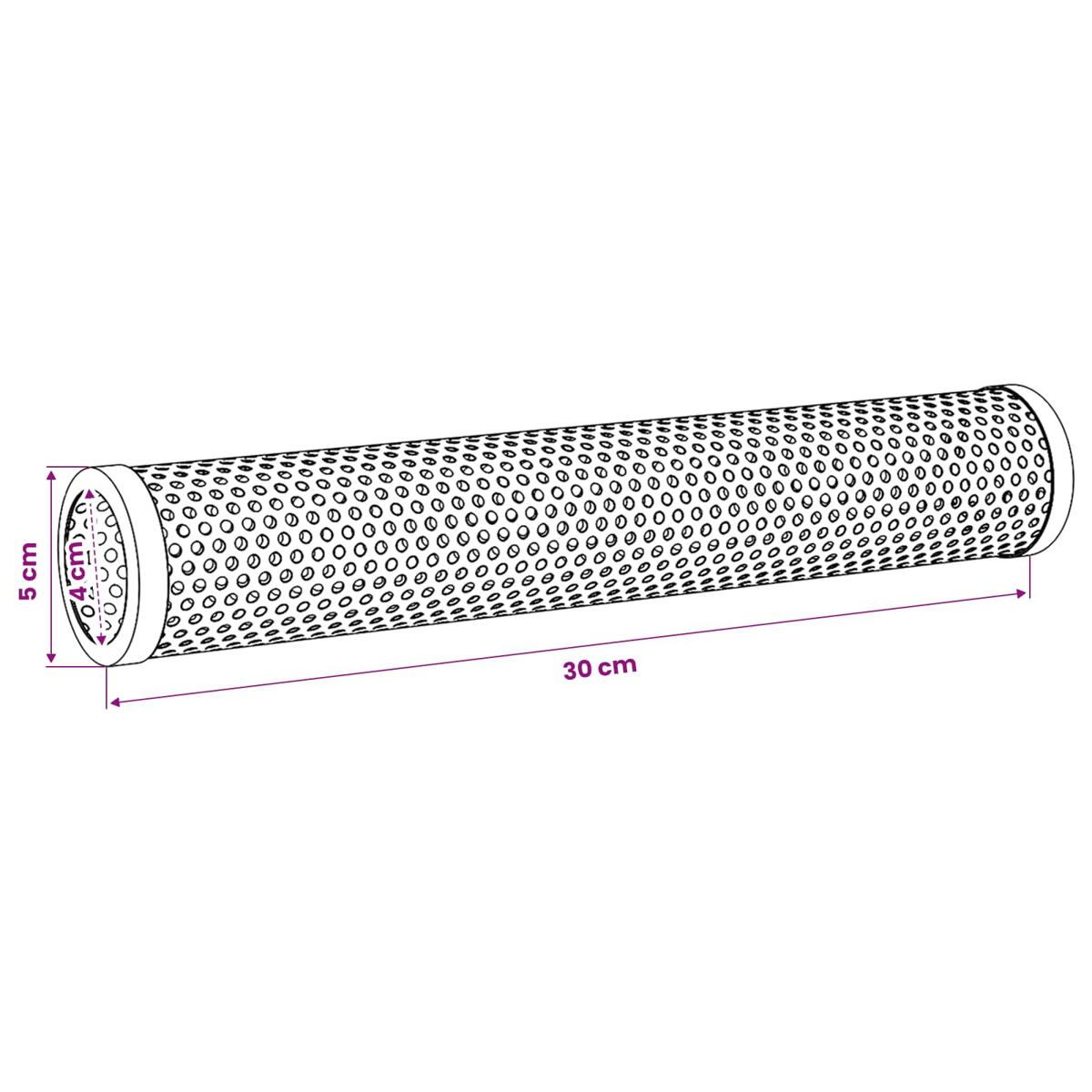 Diagramm eines perforierten Zylinders mit Maßen: 30 cm lang, 5 cm Außendurchmesser, 4 cm Innendurchmesser.