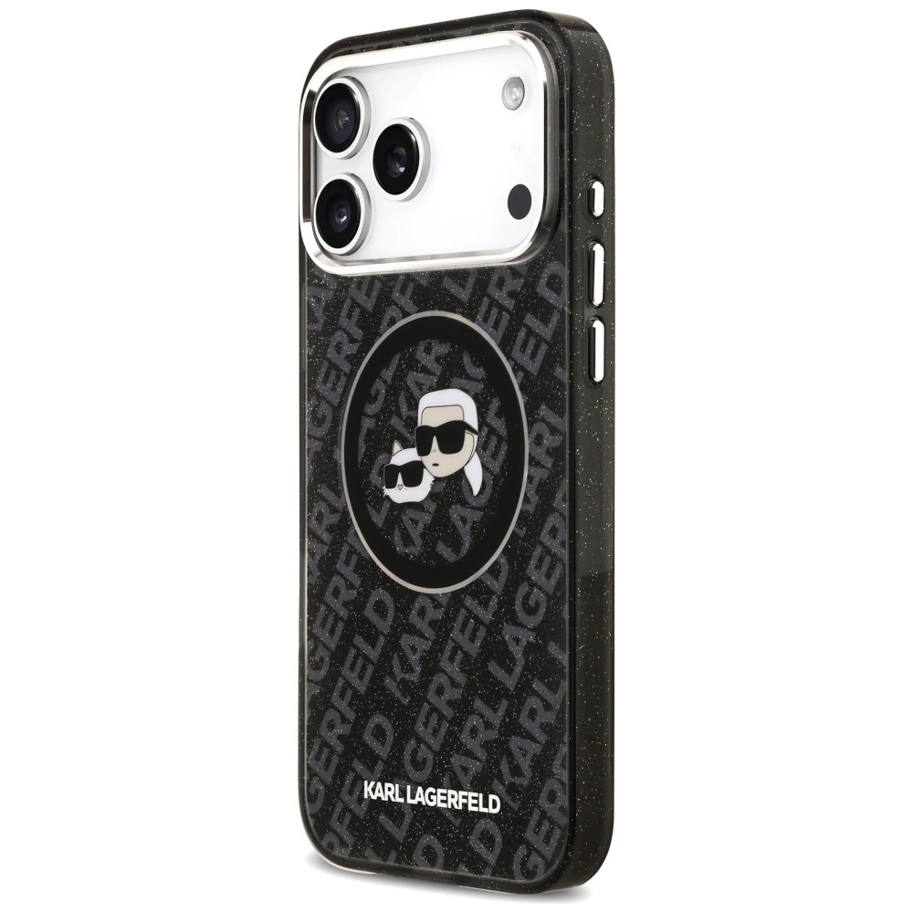 Karl Lagerfeld logolu ve Karl ile kedisinin çizgi film portresi olan siyah simli bir iPhone kılıfı.