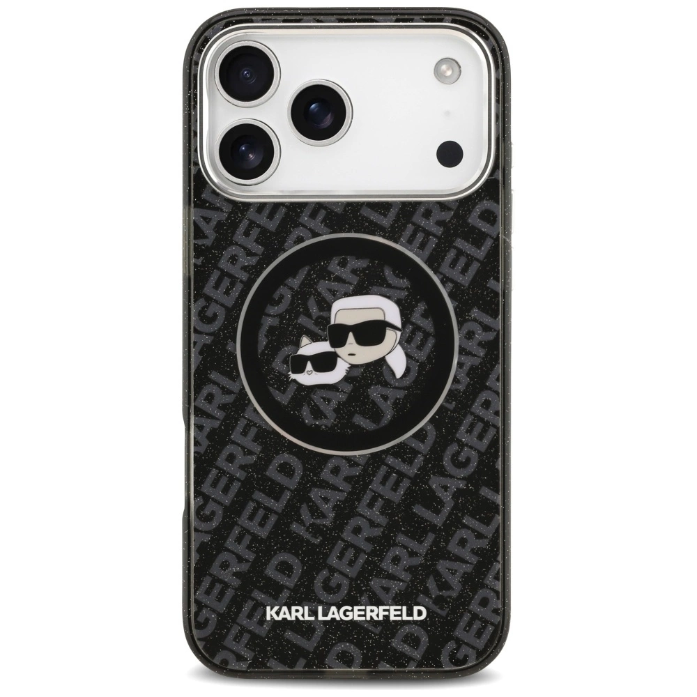 Logo desenli, simli ve Karl ve kedi karikatürlü siyah Karl Lagerfeld telefon kılıfı.