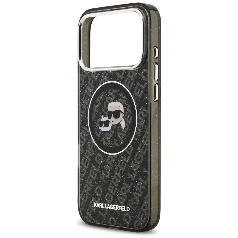 Siyah Karl Lagerfeld simli telefon kilifi, imza grafik ve gumus kamera cercevesi ile.
