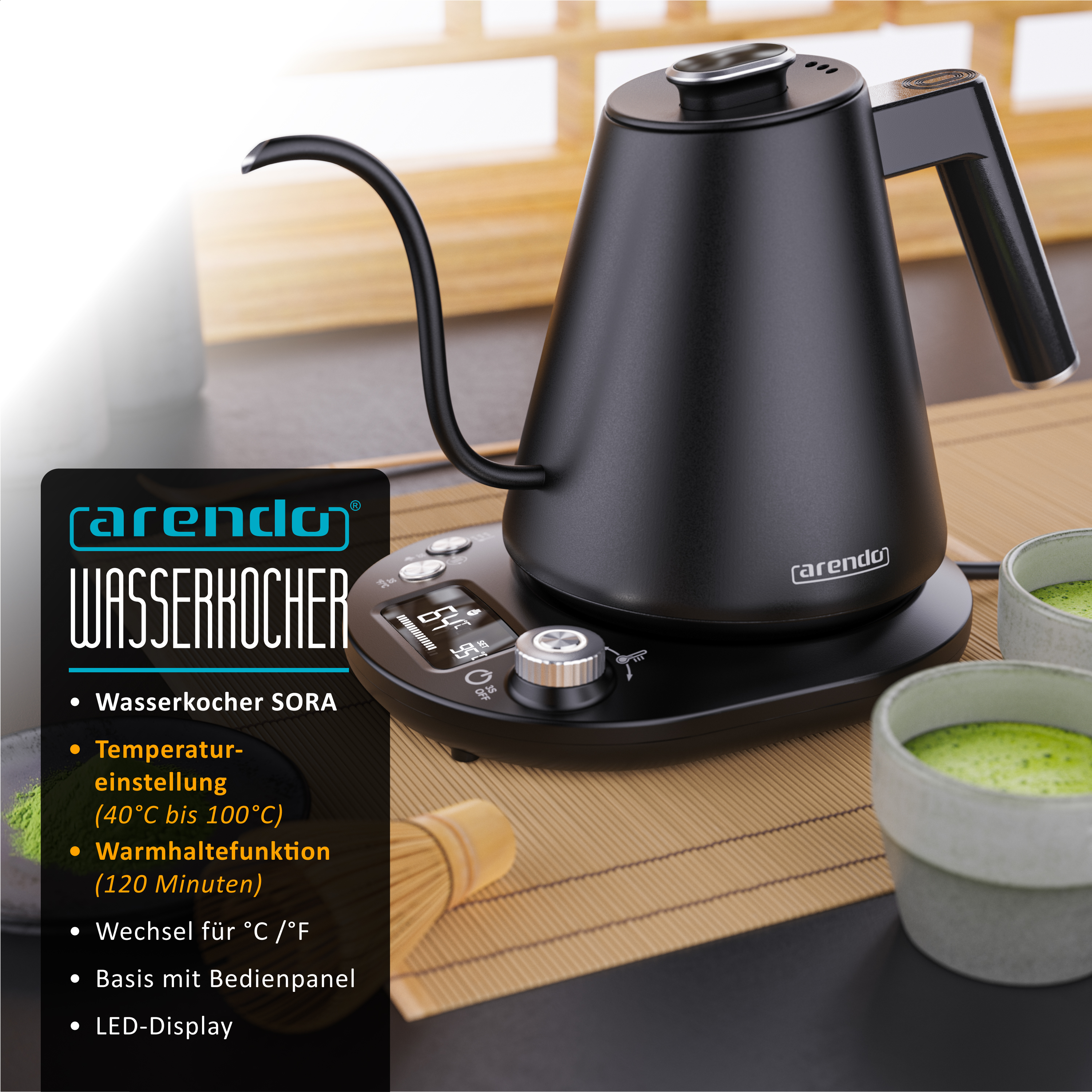 Schwarzer Arendo Wasserkocher mit langem Ausguss auf einer Basis mit LED-Display und zwei Teetassen daneben.