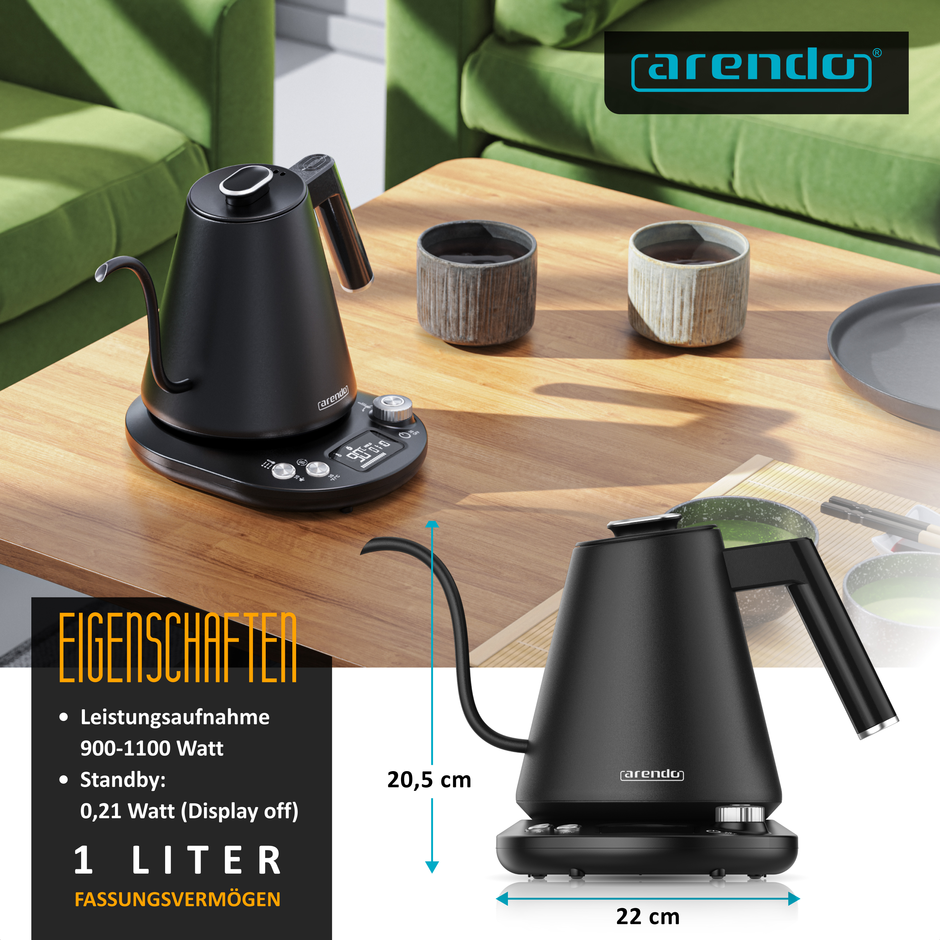 Schwarzer Arendo-Wasserkocher mit Schwanenhals auf Holztisch mit Tassen und Maßangaben.