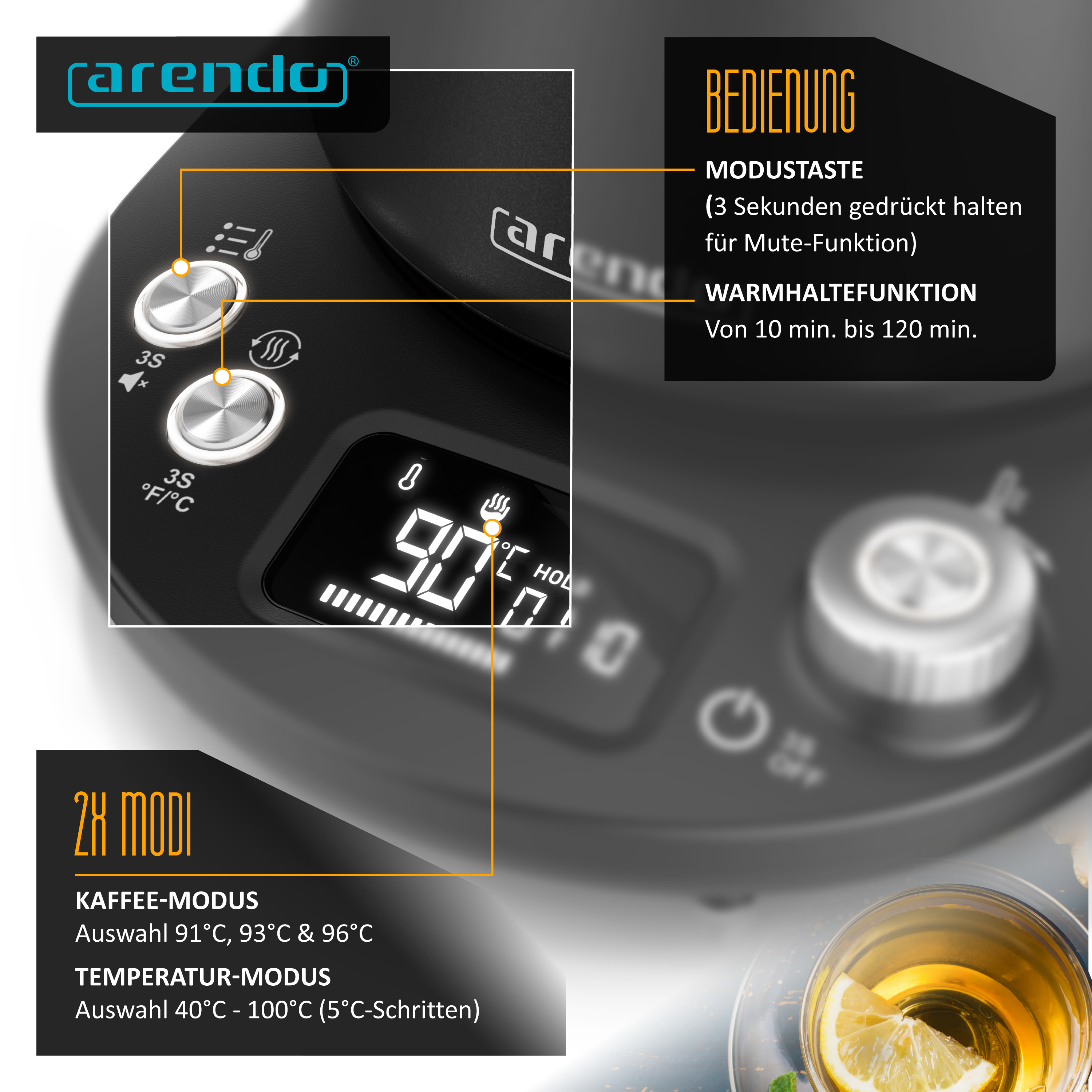 Bedienfeld eines Arendo Wasserkochers mit Tasten, Display und Erklärungen zu Modus- und Warmhaltefunktionen.