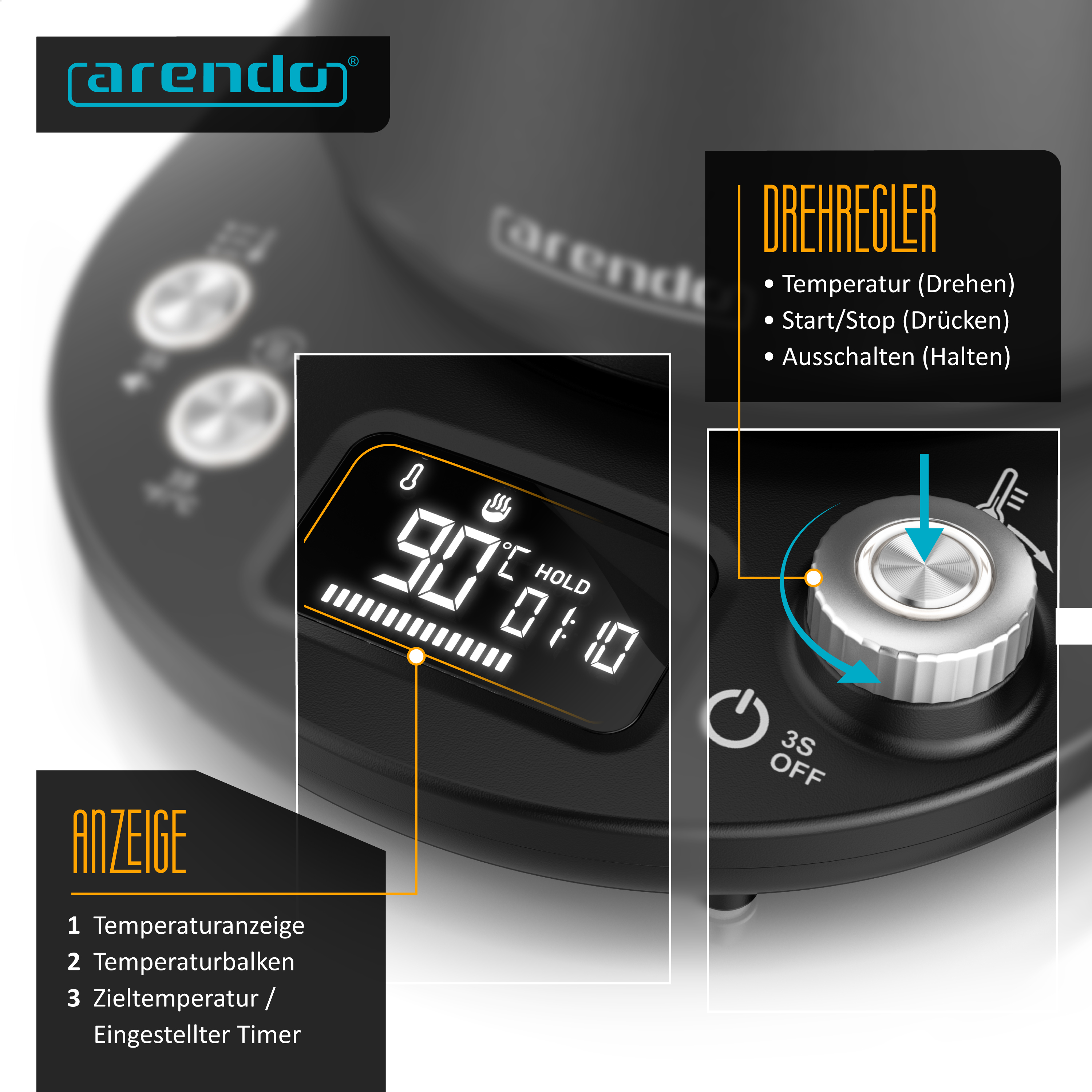 Nahaufnahme der Arendo-Kaffeemaschine mit digitaler Anzeige, Temperaturleiste und Drehregler zur Bedienung.