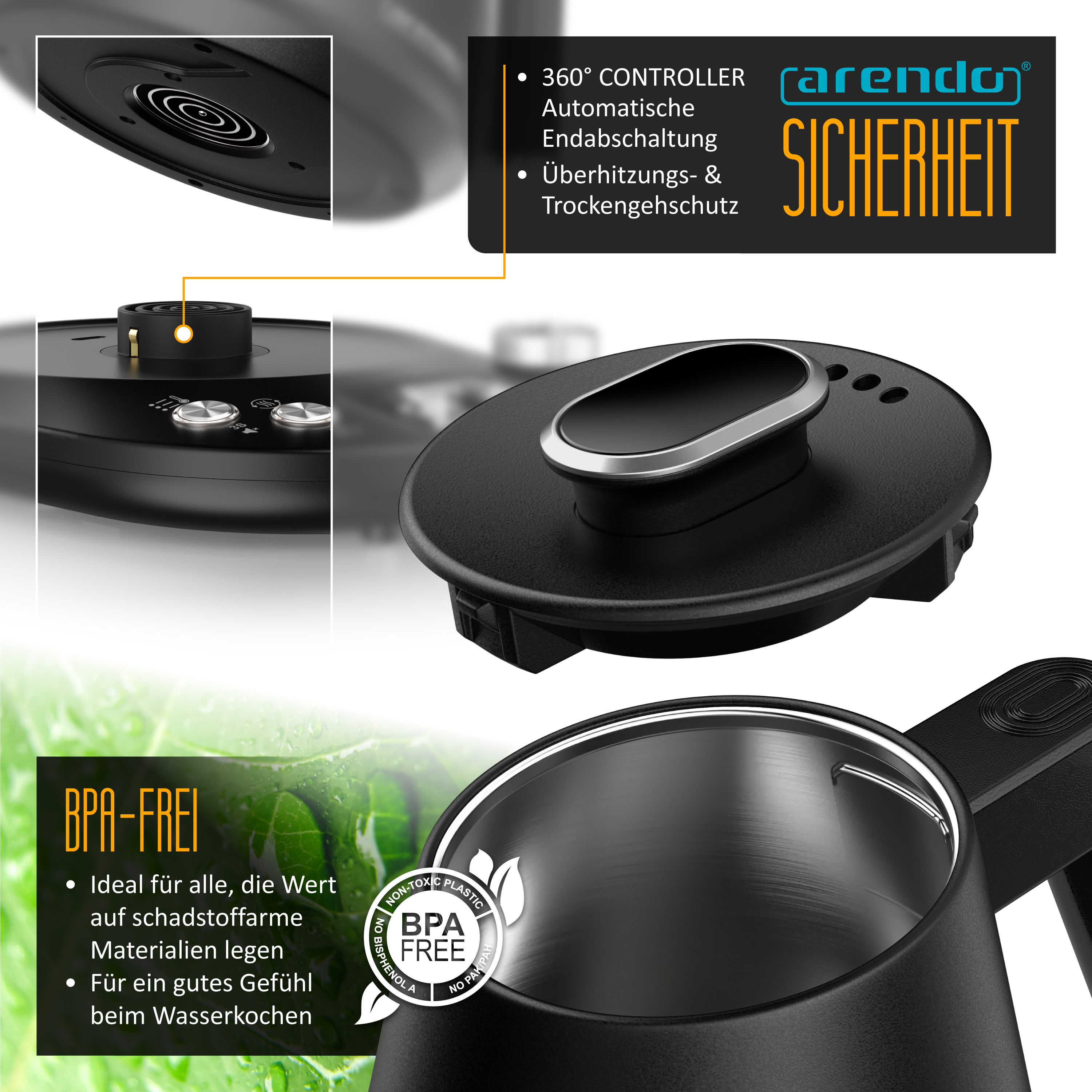 Arendo Wasserkocher mit BPA-freien Materialien, 360-Grad-Controller und Sicherheitsfunktionen.