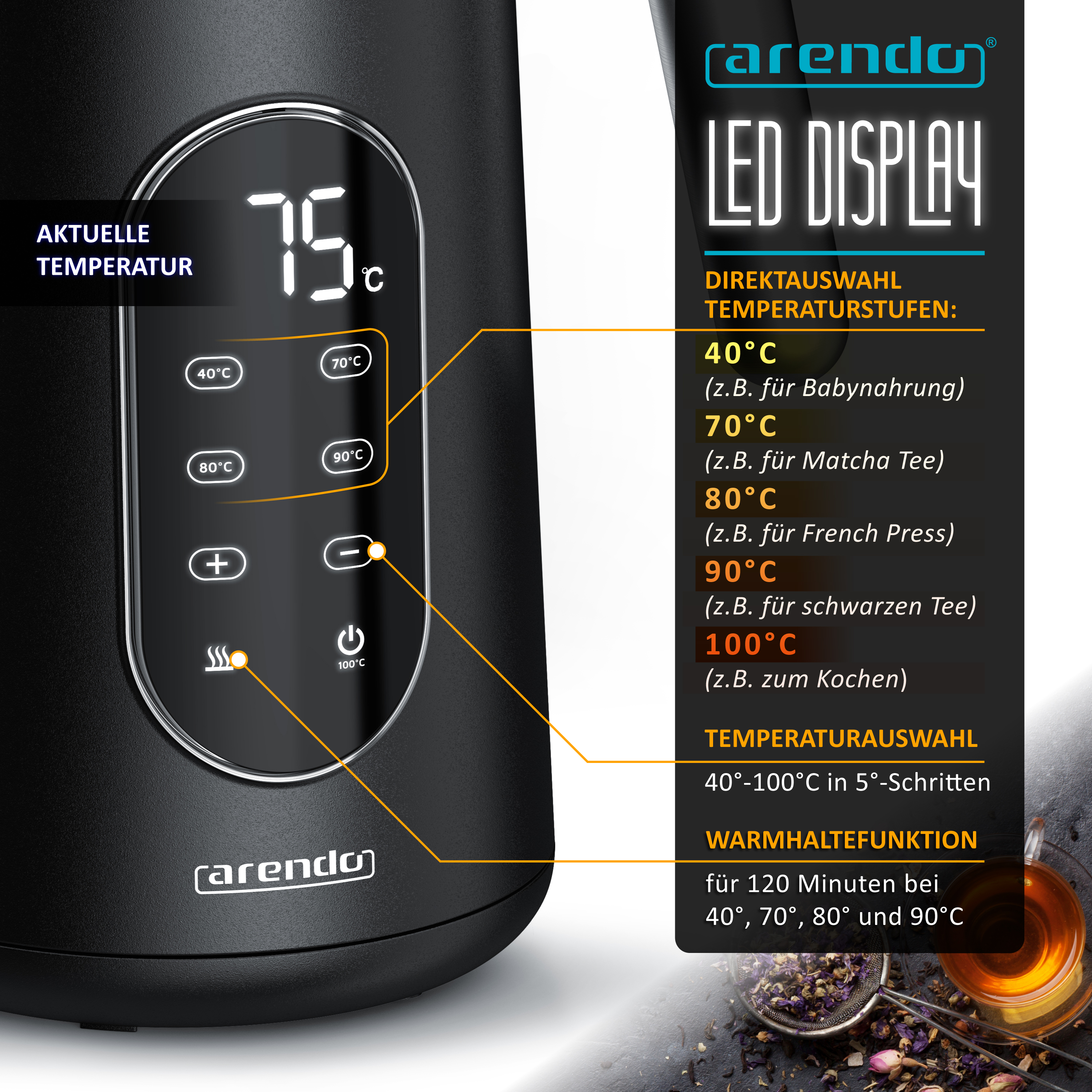 Schwarzer Arendo Wasserkocher mit LED-Display und Temperaturwahltasten.