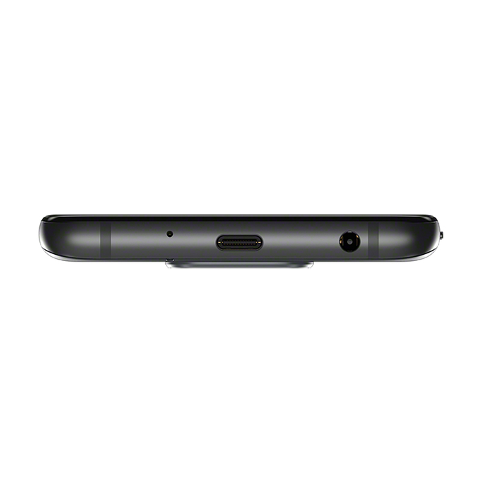 Unterseite eines schwarzen Smartphones mit USB-C-Anschluss, Mikrofon und Kopfhörerbuchse.